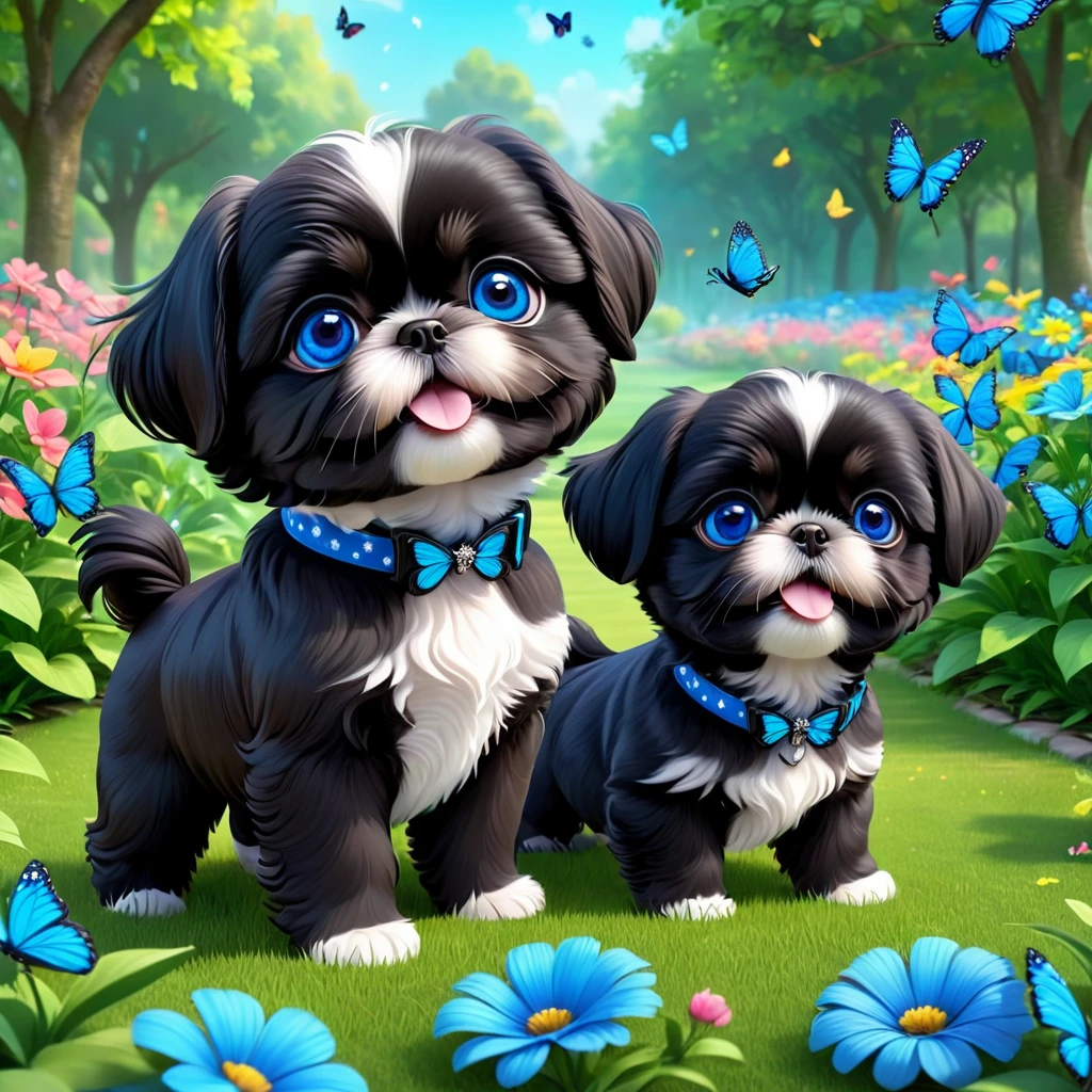 2 adorable small shih black shih tzu puppies wearing blue collars with bright blue eyes playing in park butterflies and flowes in background 3D Pixar style
