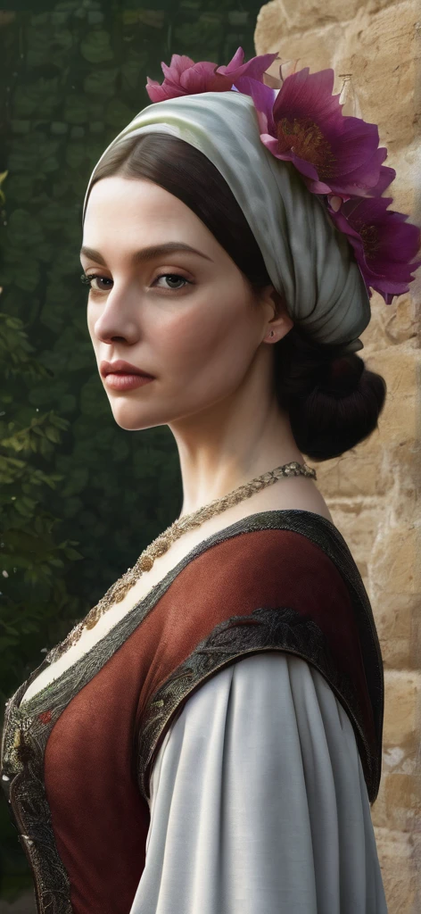 Madame loch holding flower medieval style Ultrarealistic