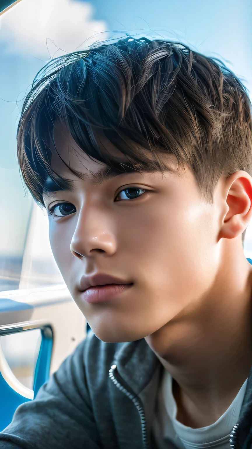 Highest quality, masterpiece, Ultra-high resolution, (Realistic: 1.4), Original photo, wallpaper, Head Photo, skin, Simple Background, Iris, detailed, Selfie, 1 boy, 18-year-old, good looking, Wind,Inside the plane