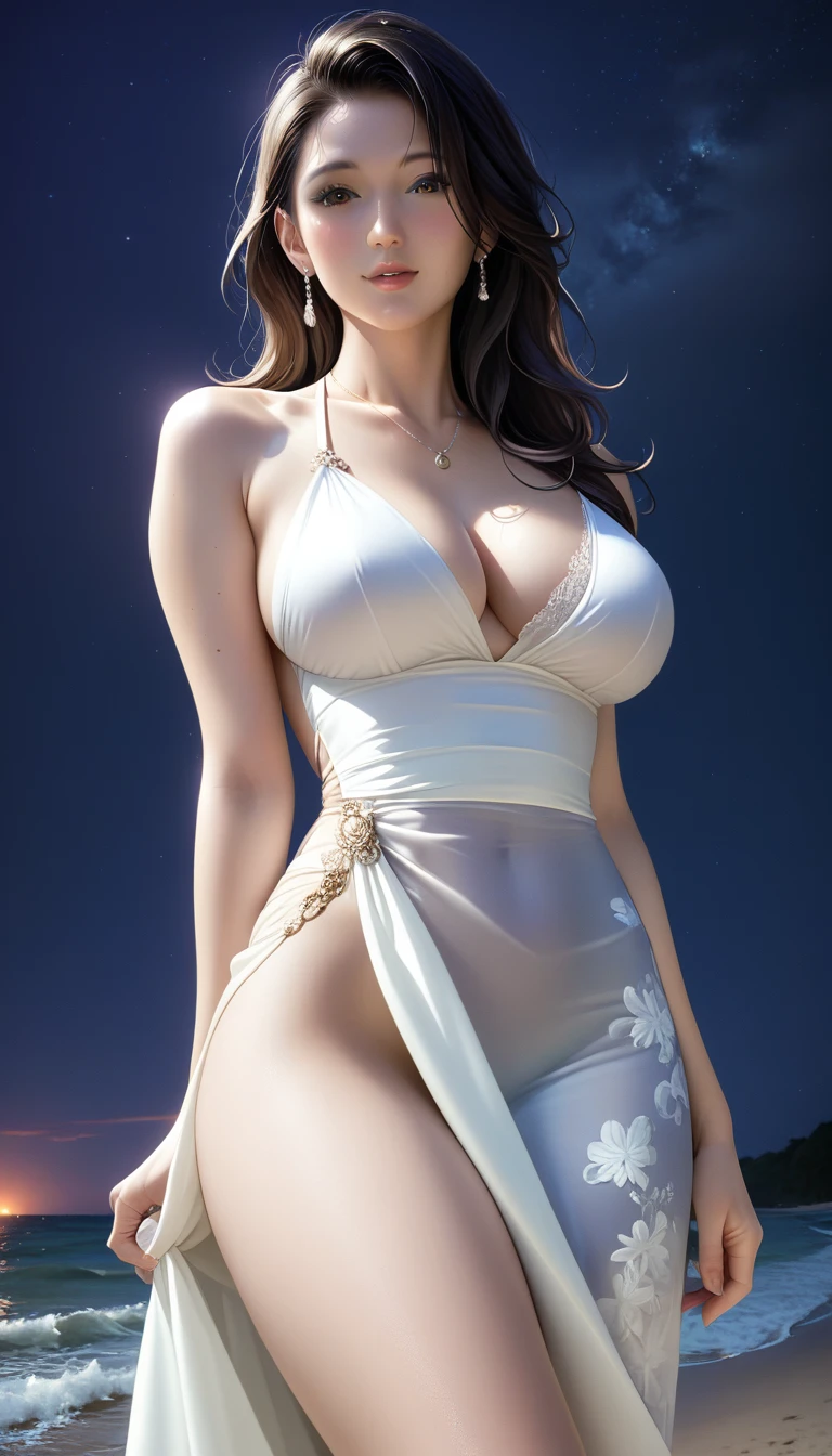 score_9, score_8_superior, score_7_superior, Masterpieces with up to 16K resolution,Highest quality,it is really amazing,Very detailed,Ultra-high resolution,Real,Realistic,Increased depth of field,Cinematic lighting,
(sexy japanese milf:1.5),
Long black hair,Ultra-detailed and beautiful faces,Translucent white skin,Very detailedな肌の質感,Slender body,Anatomically correct body,
(elegant beach dress:1.5),
Summery design,Beautiful and detailed pattern,Detailed fabric texture,
Gorgeous necklace,Earrings,
(Coastal scenery at night:1.5),
Dark Clouds,Dark Sky,delay々Continuing sandy beach, Deserted Beach,Dark sea surface,
Low angle shot,