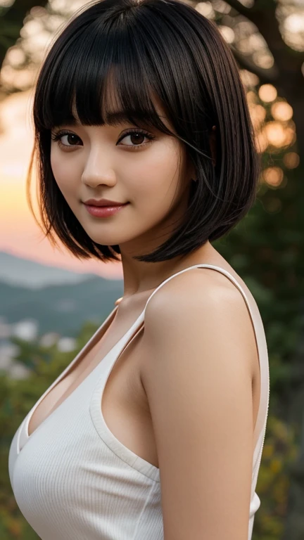 ,uma de uma mulher ela tem cabelo preto with bangs, Hime black haircut, ulzzang, korean, with short hair with bangs, with short hair, dilraba dilmurat, garota gótica korean cruel, white hime cut hairstyle, hair styled like bangs, with bangs, korean symmetrical face, sunset, lindo sunset, Clouded, forst, nature walk,V-neck smile showing breasts