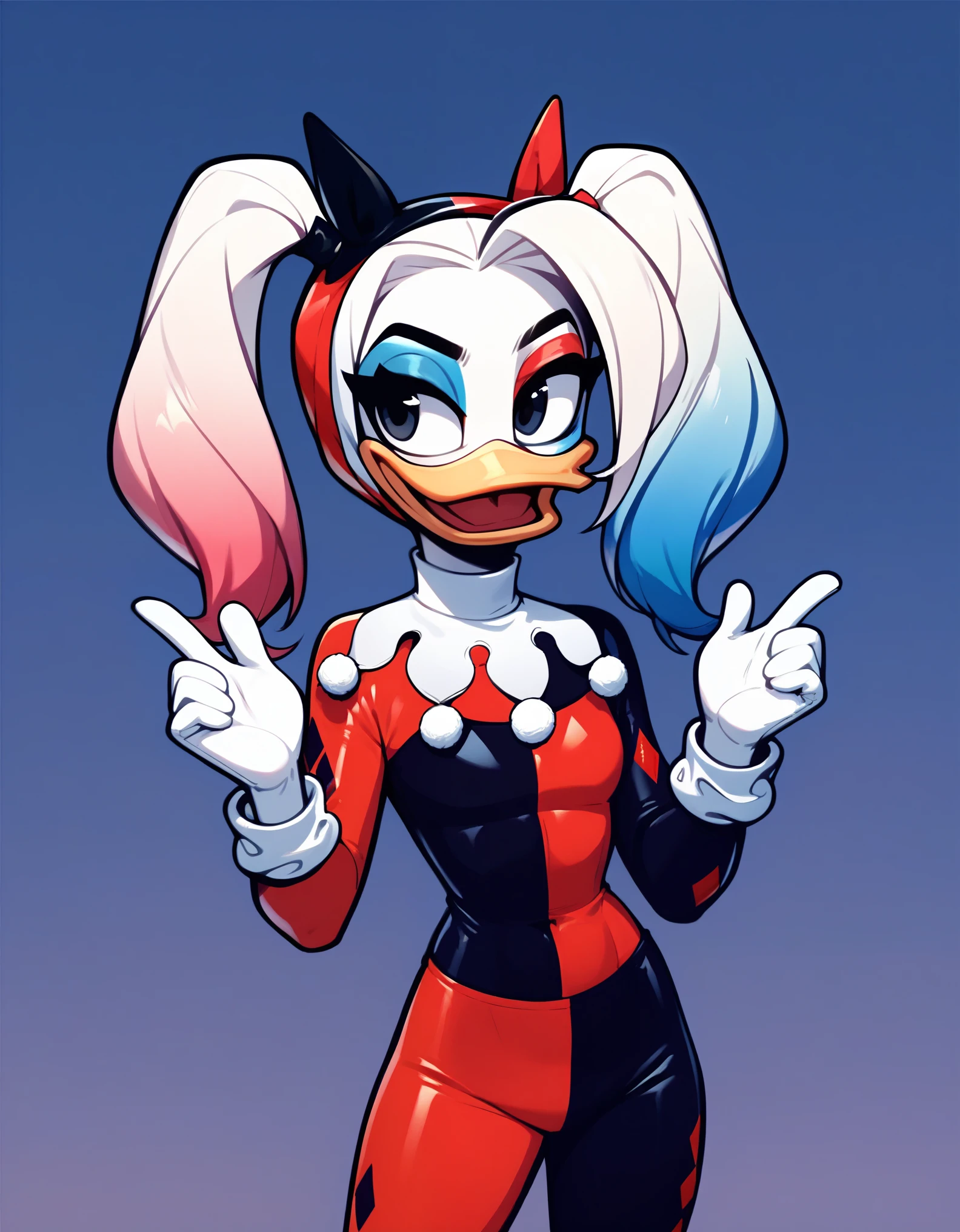 score_9, score_8_up, score_7_up, score_6_up, source_furry, by ducktales, anthro duck, white hands, della duck, white hair, black eyes, narrowed eyes, happy, clothed, clothing, (Harley Quinn costume, Harley Quinn clothing), standing, white skin, solo, night