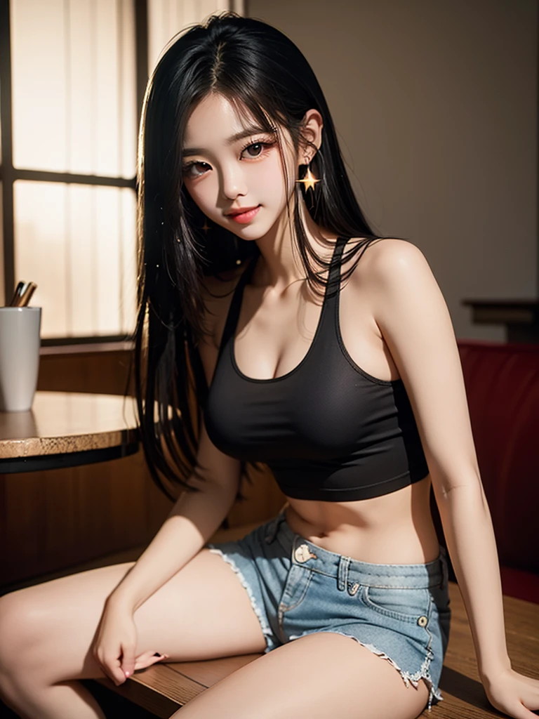 realistic photos of (1 cute Korean star) Shoulder-length hair, thin makeup, medium breasts size, slightly smile, rest one's chin on one's hands, wearing tank top, and shorts, sitting in living room, with cartoon book on the table, vanishing point, caustics, overexposure, sparkle, UHD, super detail, 16k