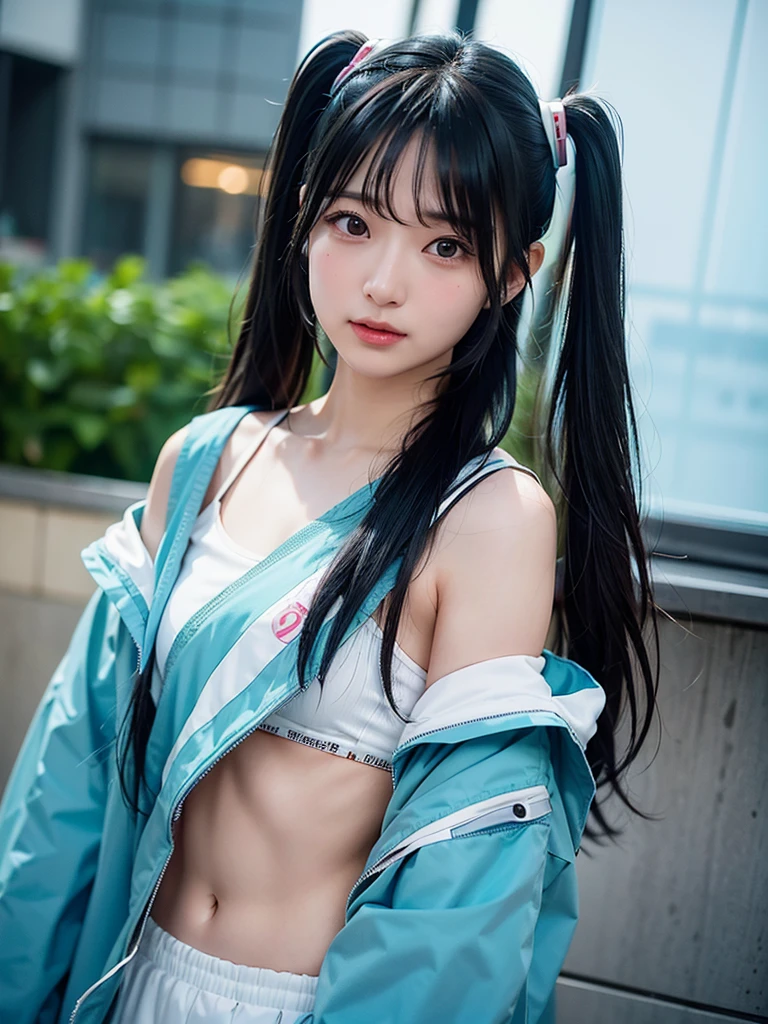 40-year-old Japanese woman、Black Hair、Hair is very short、Twin tails、Hatsune Miku Costume、Headphones、Flat Chest、Realistic photos、Realistic、8K quality、expensive、No bangs、Beach、High resolution, Highest quality, Anatomically correct, Winner of numerous awards, Ultra high definition, 