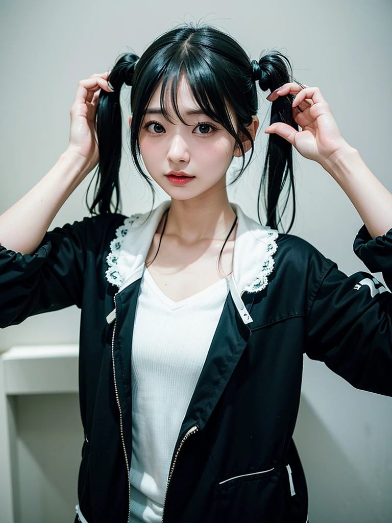 40-year-old Japanese woman、Black Hair、Hair is very short、Twin tails、Hatsune Miku Costume、Headphones、Flat Chest、Realistic photos、Realistic、8K quality、expensive、No bangs、Beach、High resolution, Highest quality, Anatomically correct, Winner of numerous awards, Ultra high definition, 