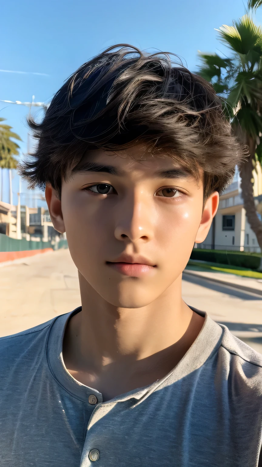 Highest quality, masterpiece, Ultra-high resolution, (Realistic: 1.4), Original photo, wallpaper, Head Photo, skin, Simple Background, Iris, detailed, Selfie, 1 boy, 18-year-old, good looking, Wind,Palm tree,Skateboarding