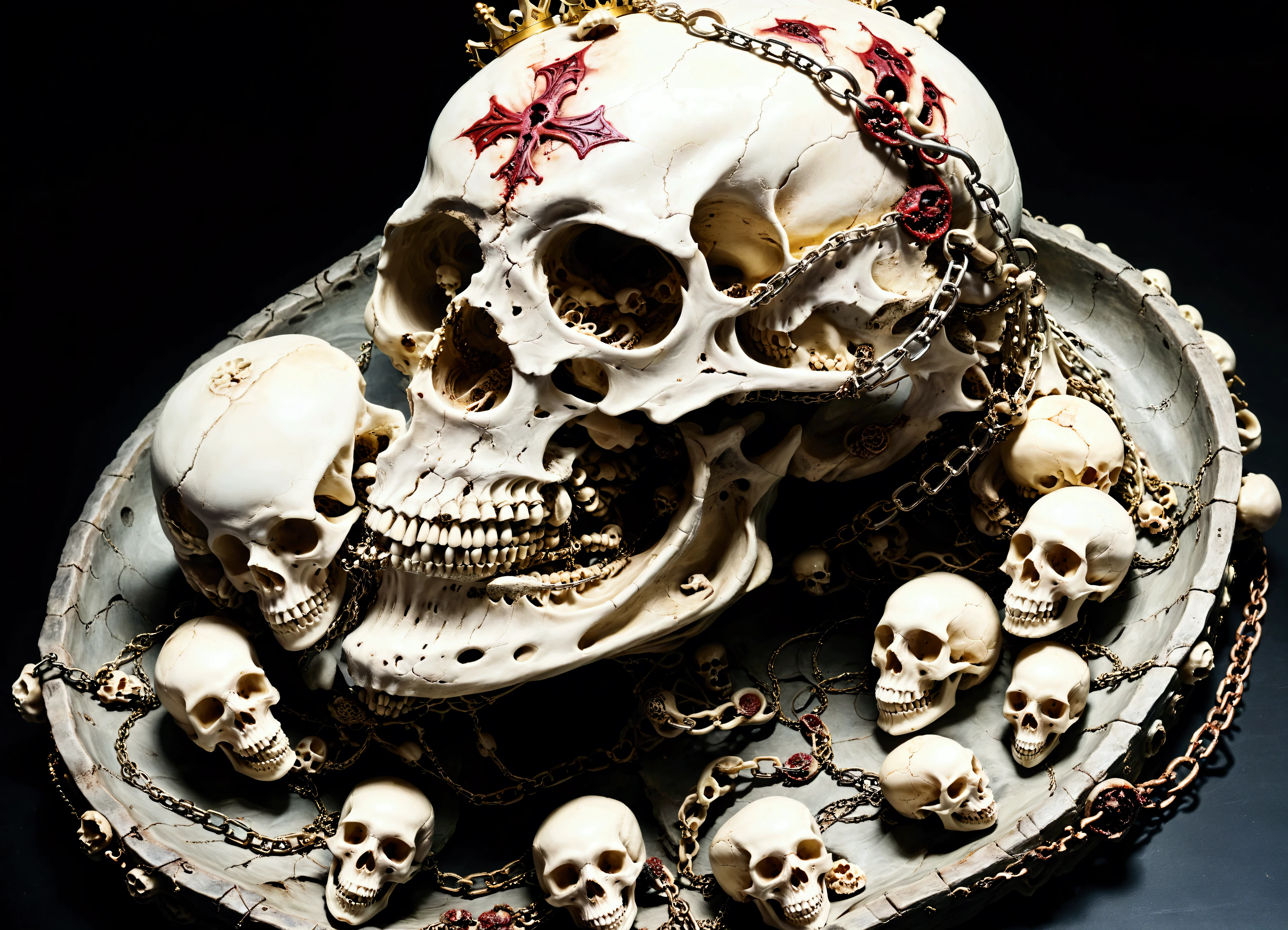 Dark ambient, Intricate Details, Studio Lights, Mystical Ambient, Mechanical, Asymmetric, Mystical Ambient, the result rendered must be made it from parts of the dead human bodies and skulls, skeletons of poisonous vipers and snakes and other reptiles, bones, worldly scum, still life should be surrounding the main objects artwork, horror, evil, hell, murdered innocents and must look very real with a blooded crown of spines, rusted and worn metallic chains and it must transmit the pain of the crucifixion of Jesus Christ, art by Carne Griffiths, Wadim Kashin, Anton Semeno aka Gloom82 and Tea Jagodic.