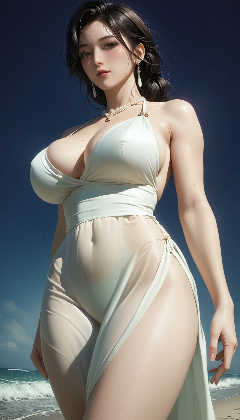 score_9, score_8_superior, score_7_superior, Masterpieces with up to 16K resolution,Highest quality,it is really amazing,Very detailed,Ultra-high resolution,Real,Realistic,Increased depth of field,Cinematic lighting,
(sexy japanese milf:1.5),
Long black hair,Ultra-detailed and beautiful faces,Translucent white skin,Very detailedな肌の質感,Slender body,Anatomically correct body,
(elegant beach dress:1.5),
Summery design,Beautiful and detailed pattern,Detailed fabric texture,
Gorgeous necklace,Earrings,
(Coastal scenery at night:1.5),
Dark Clouds,Dark Sky,delay々Continuing sandy beach, Deserted Beach,Dark sea surface,
Low angle shot,