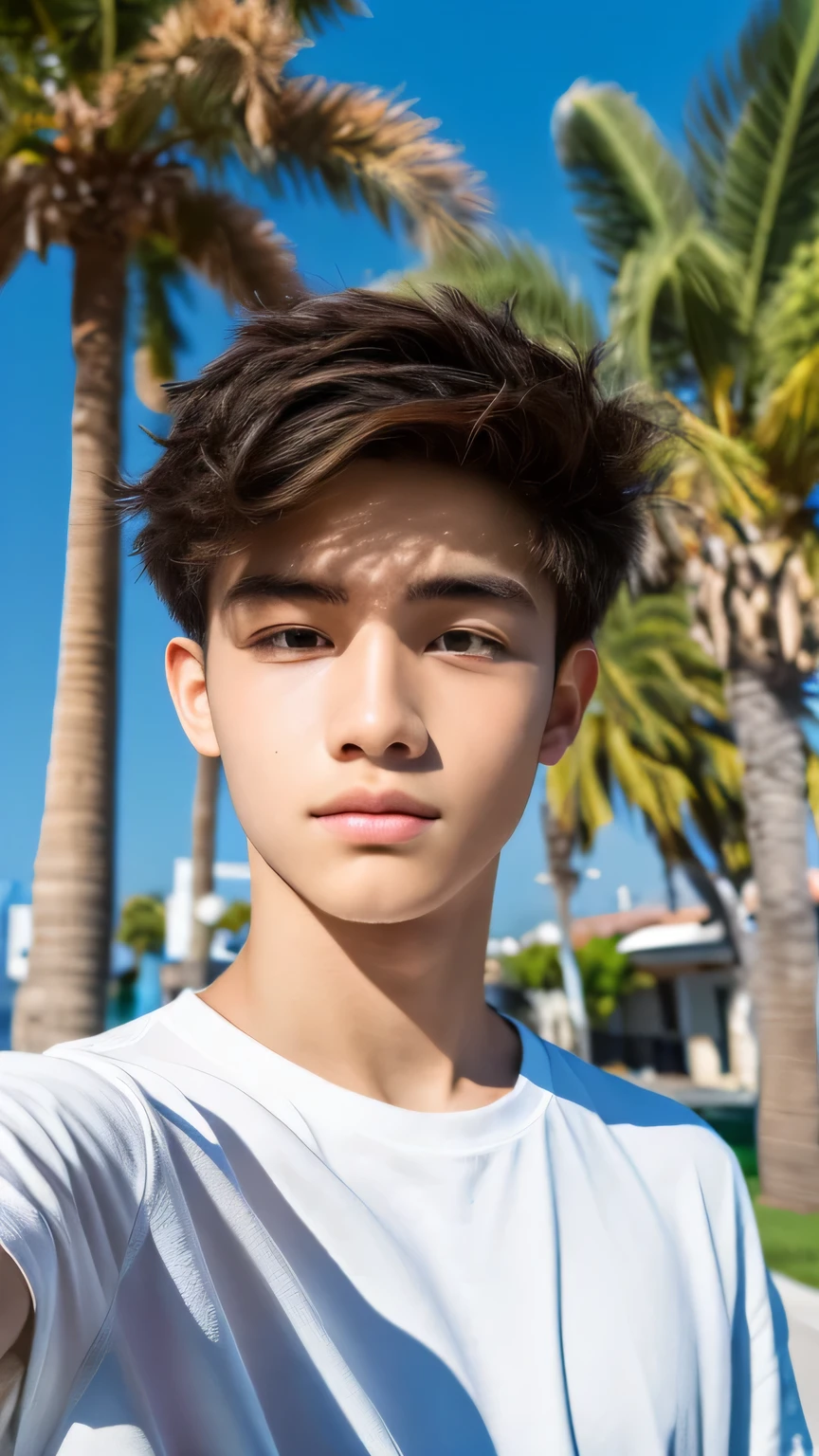 Highest quality, masterpiece, Ultra-high resolution, (Realistic: 1.4), Original photo, wallpaper, Head Photo, skin, Simple Background, Iris, detailed, Selfie, 1 boy, 18-year-old, good looking, Wind,Palm tree,Skateboarding