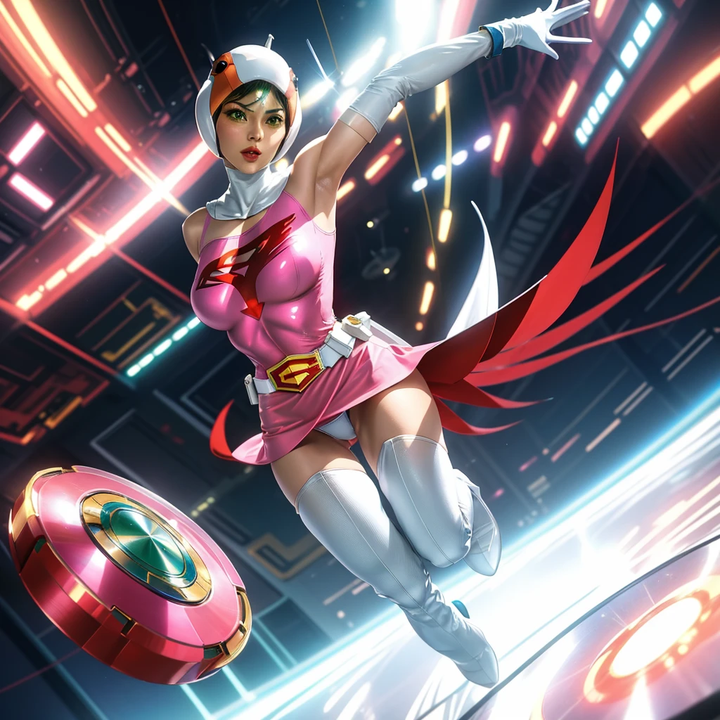 ANI_CLASSIC_jun_gatchaman_ownwaifu,1girl, ,good anatomy, masterpiece, best quality,realistic, hyperrealistic, 16k hdr,breasts,green eyes,lips,large breasts,lipstick,makeup,gloves,cape,helmet,belt,elbow gloves,white gloves,mask,ultra miniskirt,leotard,spacesuit,white tight overknee highheels boots,pink dress,superhero,bodysuit,cleavage,erected nipples,((jumping poses,arms up straight)),cameltoe