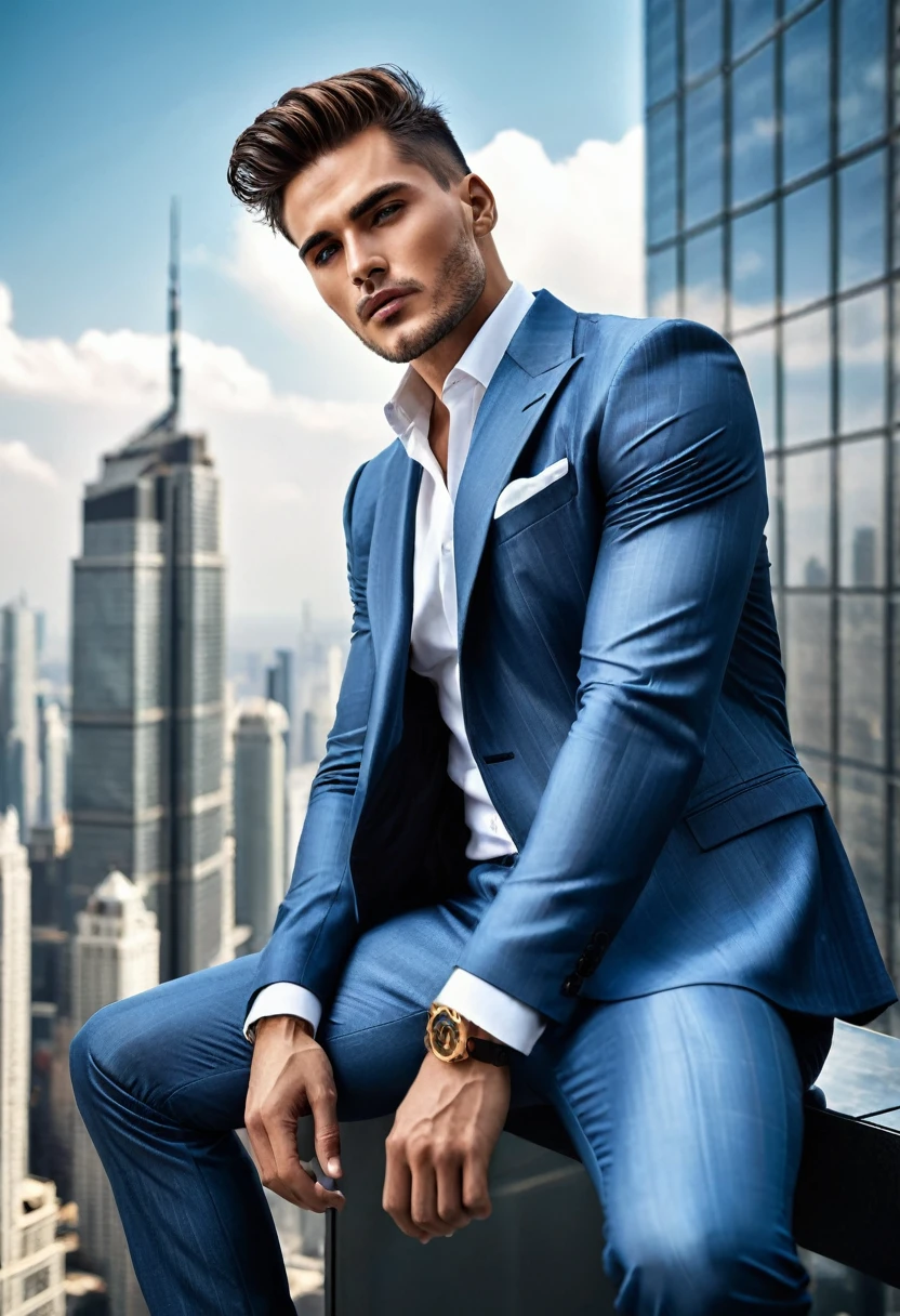 Extremely realistic detailed, high-quality photography, from a fashion style man, modern style seated on the edge of skyscrapers