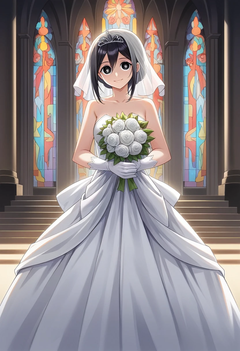 ayase aragaki, 1girl, solo, dress, tiara, black hair, bare shoulders, wedding dress, gloves, white dress,dynamic pose, (masutepiece:1.2), Best Quality, High resolution, Unity 8k Wallpaper, (Illustration:0.8), (Beautiful detailed eyes:1.6), extra detailed face, Perfect Lighting, extremely details CG, (Perfect hands, Perfect Anatomy),dynamic pose,extremely detailed face, perfect lighting, extremely detailed CG, (perfect hands, perfect anatomy),, dynamic pose,(masterpiece:1.2), best quality, high resolution, unity 8k wallpaper,perfect hair, perfect eyes, perfect hands, beautiful fingers,detailed face, detailed eyes,smile,stair, (masutepiece:1.2), Best Quality, High resolution, Unity 8k Wallpaper, (Illustration:0.8), (Beautiful detailed eyes:1.6), extra detailed face, Perfect Lighting, extremely details CG, (Perfect hands, Perfect Anatomy),dynamic pose,extremely detailed face, perfect lighting, extremely detailed CG, (perfect hands, perfect anatomy),, dynamic pose,(masterpiece:1.2), best quality, high resolution, unity 8k wallpaper,perfect hair, perfect eyes, perfect hands, beautiful fingers,detailed face, detailed eyes,smile, church entrance, flower bouquet, stair, victoria church