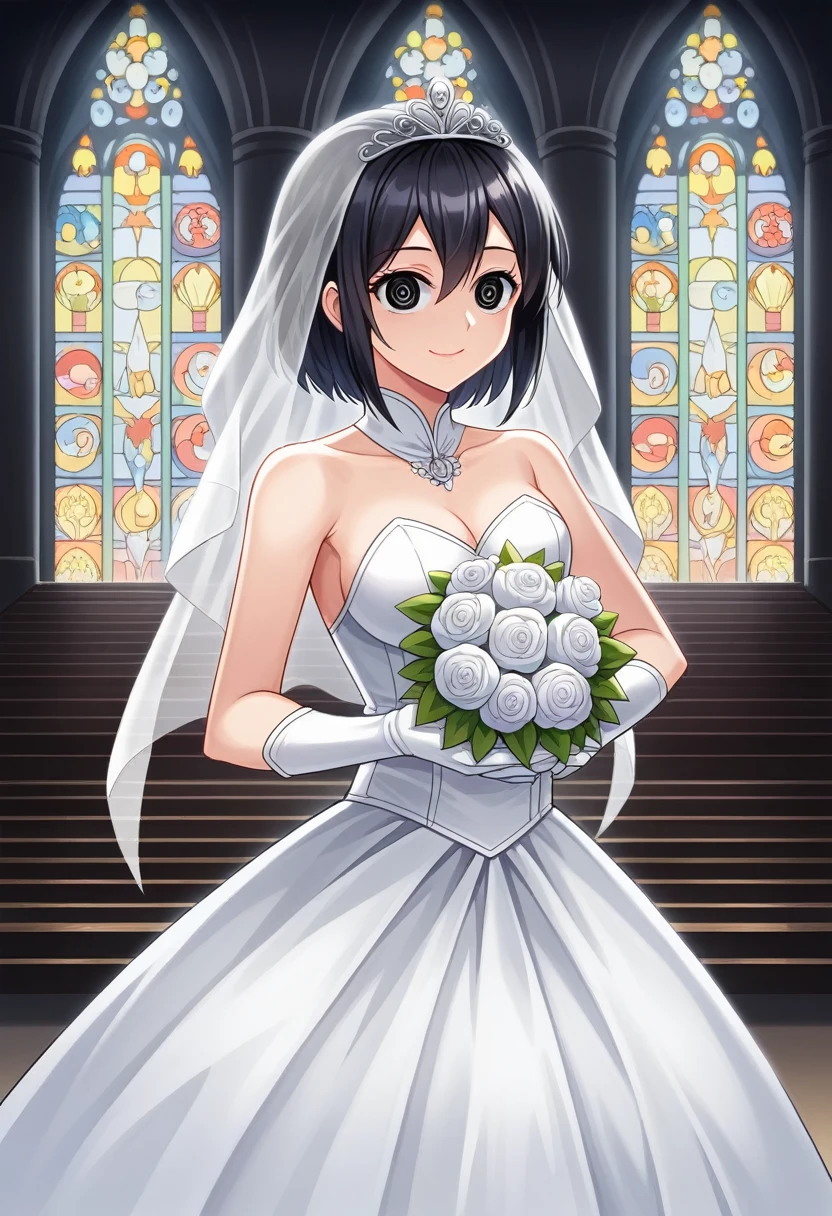 ayase aragaki, 1girl, solo, dress, tiara, black hair, bare shoulders, wedding dress, gloves, white dress,dynamic pose, (masutepiece:1.2), Best Quality, High resolution, Unity 8k Wallpaper, (Illustration:0.8), (Beautiful detailed eyes:1.6), extra detailed face, Perfect Lighting, extremely details CG, (Perfect hands, Perfect Anatomy),dynamic pose,extremely detailed face, perfect lighting, extremely detailed CG, (perfect hands, perfect anatomy),, dynamic pose,(masterpiece:1.2), best quality, high resolution, unity 8k wallpaper,perfect hair, perfect eyes, perfect hands, beautiful fingers,detailed face, detailed eyes,smile,stair, (masutepiece:1.2), Best Quality, High resolution, Unity 8k Wallpaper, (Illustration:0.8), (Beautiful detailed eyes:1.6), extra detailed face, Perfect Lighting, extremely details CG, (Perfect hands, Perfect Anatomy),dynamic pose,extremely detailed face, perfect lighting, extremely detailed CG, (perfect hands, perfect anatomy),, dynamic pose,(masterpiece:1.2), best quality, high resolution, unity 8k wallpaper,perfect hair, perfect eyes, perfect hands, beautiful fingers,detailed face, detailed eyes,smile, church entrance, flower bouquet, stair, victoria church