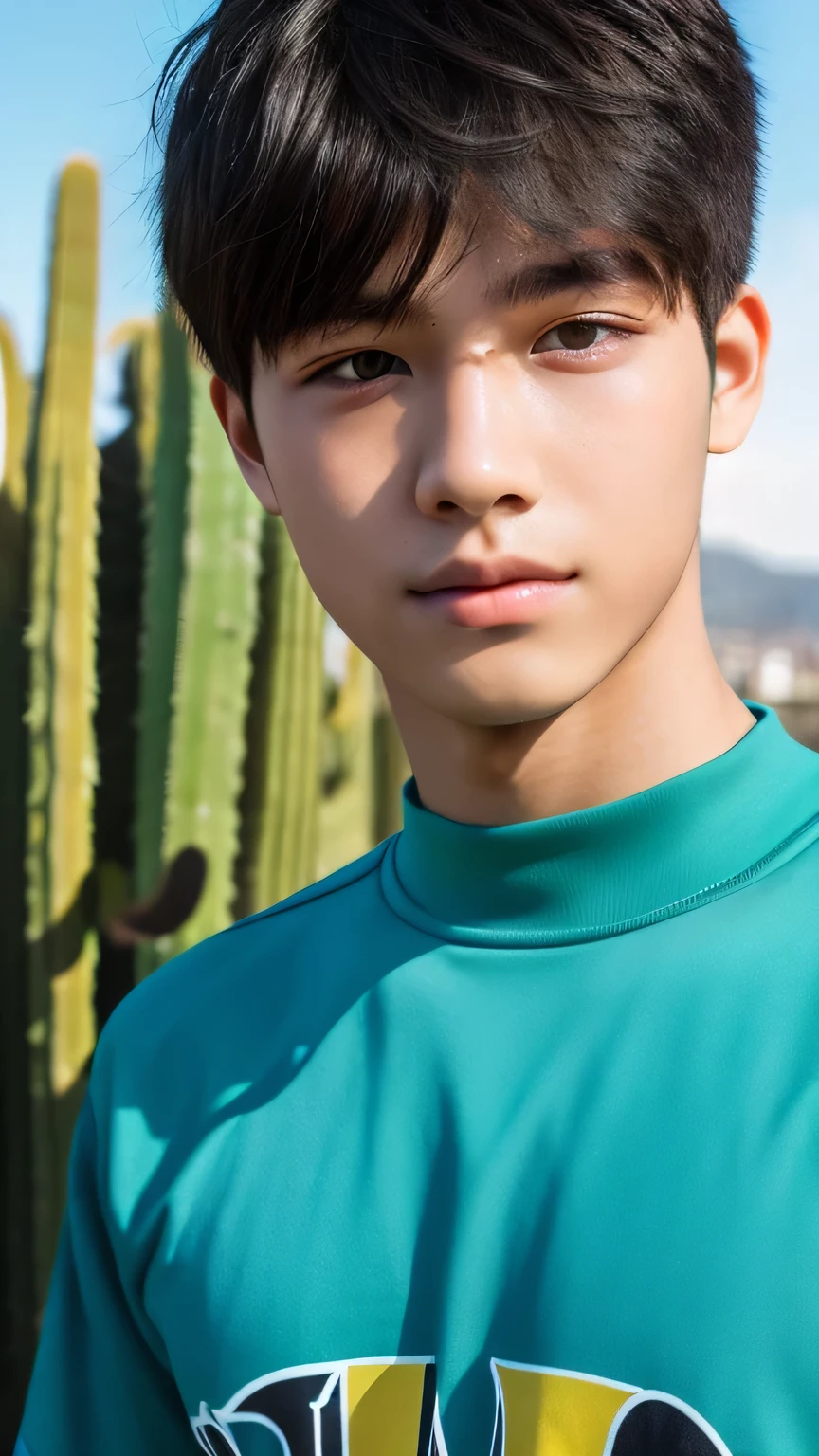 Highest quality, masterpiece, Ultra-high resolution, (Realistic: 1.4), Original photo, wallpaper, Head Photo, skin, Simple Background, Iris, detailed, Selfie, 1 boy, 18-year-old, good looking, Wind,Cactus