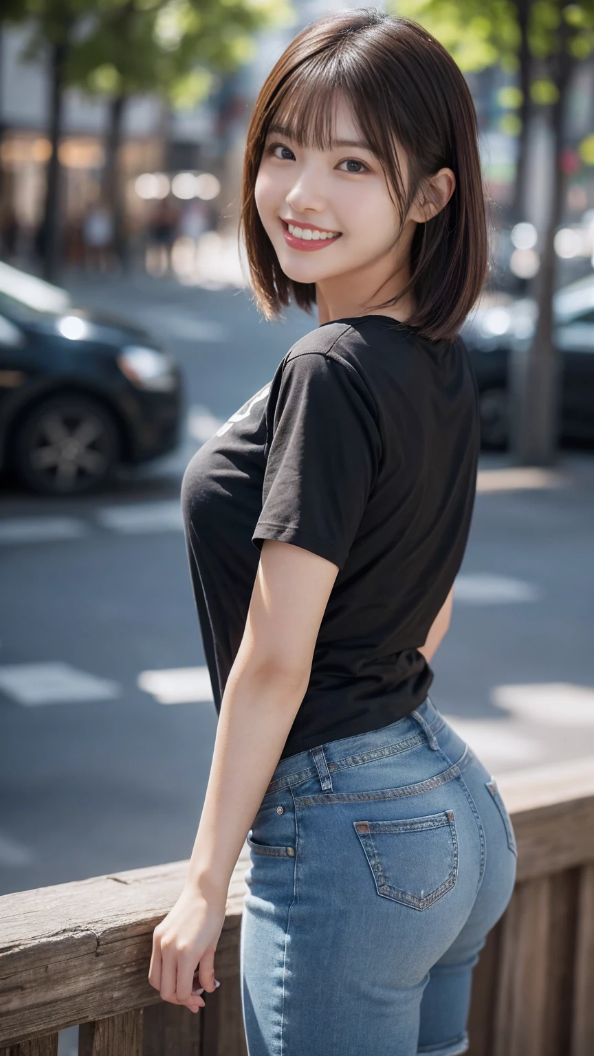 (Skin wounds:0.8), (Skin Dentition), black eye, 1woman, Age 25, (((woman))), alone, Realistic, Highest quality, photoRealistic, masterpiece, 8k, High resolution, alone, Highly detailed face, (Professional Lighting, Bokeh), (Particles of light, Lens flare, Glowing particles:0.6), (Dynamic pose:1.2), Soft lighting, View from above, Fashionable and trendy atmosphere, Japan, Hokkaido, street, city, garden, shop, river, ((Daytime)), null, ((Looking at the audience:1)), (Looking into the camera),(Portraiture:0.6), Cowboy Shot, nice, walk, Put your hands down, Maintain the original face proportions, Broad shoulders, whole body, (Mid-chest), (Medium Hair), Brown Hair, Floating Hair, lips, lipstick, seductive smile, Floating Hair, smile, Open_mouth, teeth, T-Shirts, ラウンドネックT-Shirts, Shorts, jeans, eyelash, Mole, (Mole under eye:1),