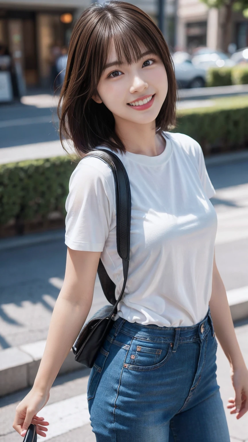 (Skin wounds:0.8), (Skin Dentition), black eye, 1woman, Age 25, (((woman))), alone, Realistic, Highest quality, photoRealistic, masterpiece, 8k, High resolution, alone, Highly detailed face, (Professional Lighting, Bokeh), (Particles of light, Lens flare, Glowing particles:0.6), (Dynamic pose:1.2), Soft lighting, View from above, Fashionable and trendy atmosphere, Japan, Hokkaido, street, city, garden, shop, river, ((Daytime)), null, ((Looking at the audience:1)), (Looking into the camera),(Portraiture:0.6), Cowboy Shot, nice, walk, Put your hands down, Maintain the original face proportions, Broad shoulders, whole body, (Mid-chest), (Medium Hair), Brown Hair, Floating Hair, lips, lipstick, seductive smile, Floating Hair, smile, Open_mouth, teeth, T-Shirts, ラウンドネックT-Shirts, Shorts, jeans, eyelash, Mole, (Mole under eye:1),