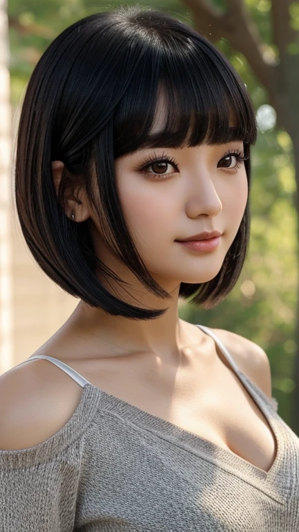,uma de uma mulher ela tem cabelo preto with bangs, Hime black haircut, ulzzang, korean, with short hair with bangs, with short hair, dilraba dilmurat, garota gótica korean cruel, white hime cut hairstyle, hair styled like bangs, with bangs, korean symmetrical face, sunset, lindo sunset, Clouded, forst, nature walk,sweet smile, affectionate v-neck, showing her breasts,close no rosto