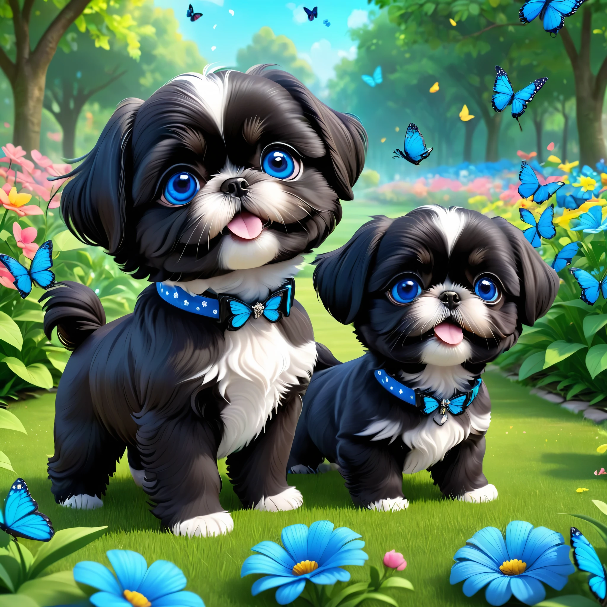 2 adorable small shih black shih tzu puppies wearing blue collars with bright blue eyes playing in park butterflies and flowes in background  3D Pixar style