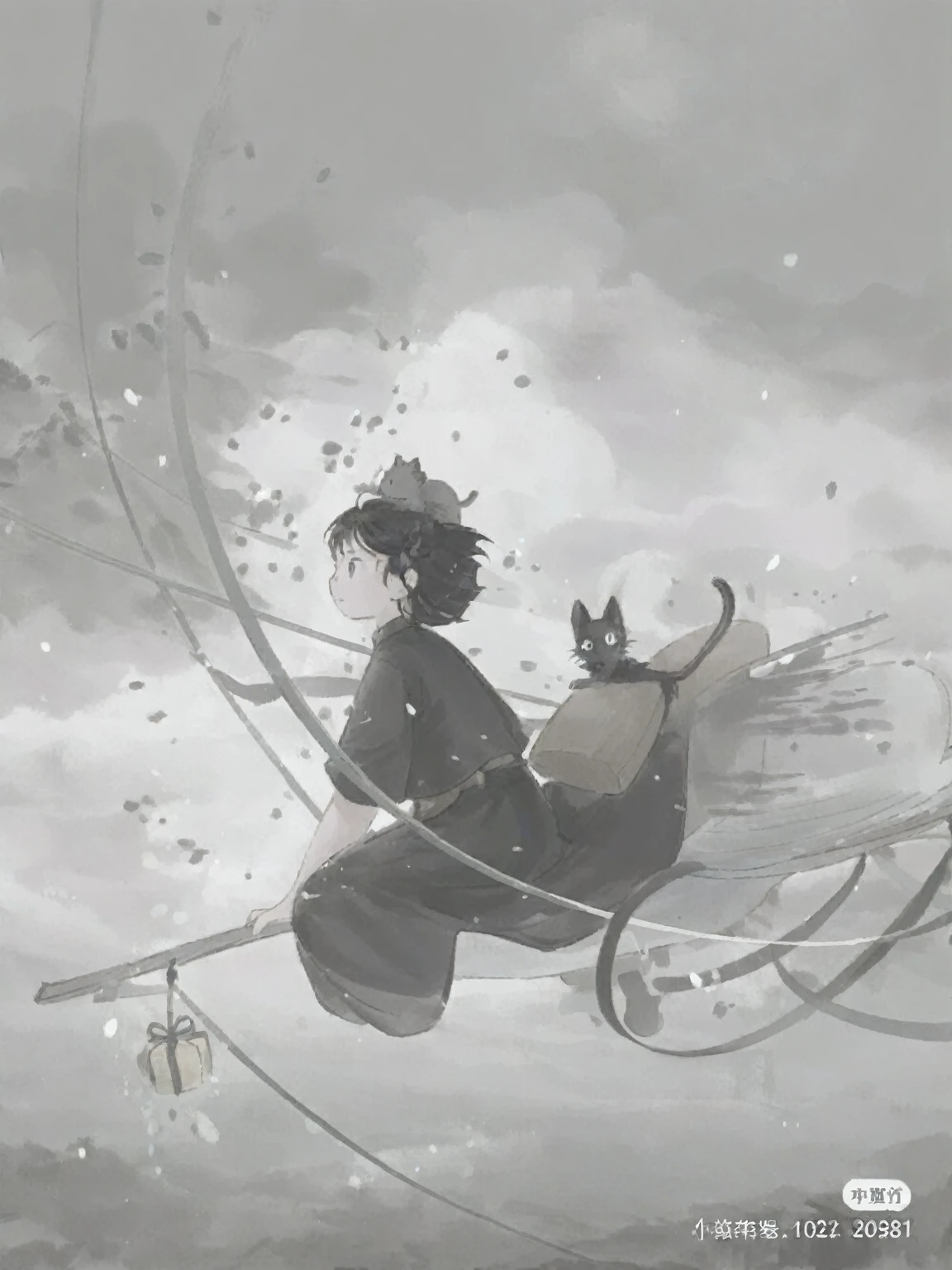 Chinese Ink Painting,(abstract ink splash:1.2),Anime girl riding a sled，There is a cat on it, author：Yang J, artwork in the style of Gu Weiss, Ni Duan, Provided by Shingei, by Zou Zhe, Gu Weiss, author：Mangoro, author曾静, author：Golden Farmer, Flying in the sky, by Zou Yigui