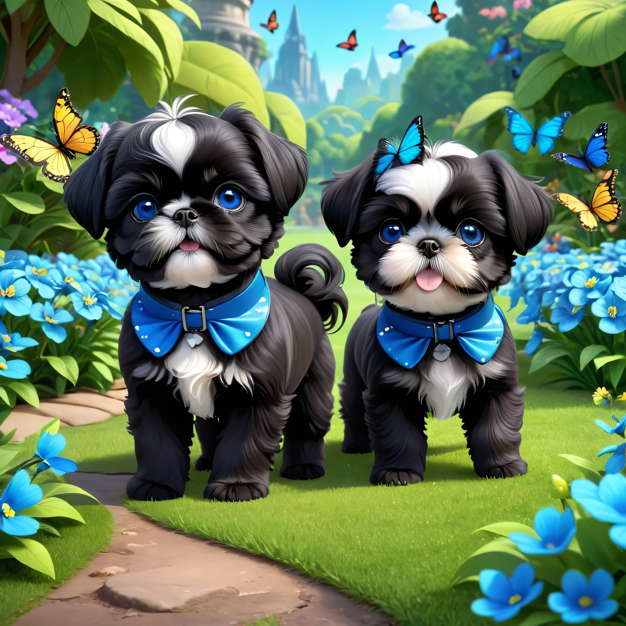 2 adorable small shih black shih tzu puppies wearing blue collars with bright blue eyes playing in park butterflies and flowes in background 3D Pixar style