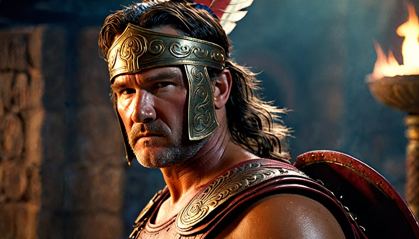greek warrior with face of (young kurt russell) spectacular lighting, moody atmosphere, vibrant colors, cinematic composition, intricate details (best quality, 4k, 8k, high resolution, masterpiece: 1.2), ultra detailed, (realistic, photorealistic, photorealistic : 1.37)