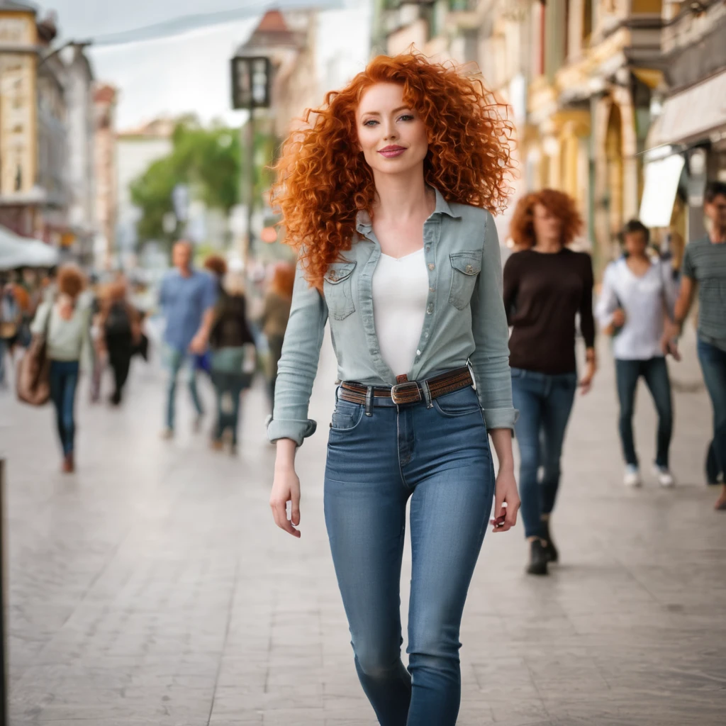 redhead woman, curly hair, sexy jeans, showing slim waist, walking in public place