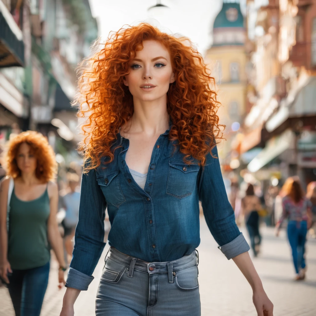 redhead woman, curly hair, sexy jeans, showing slim waist, walking in public place
