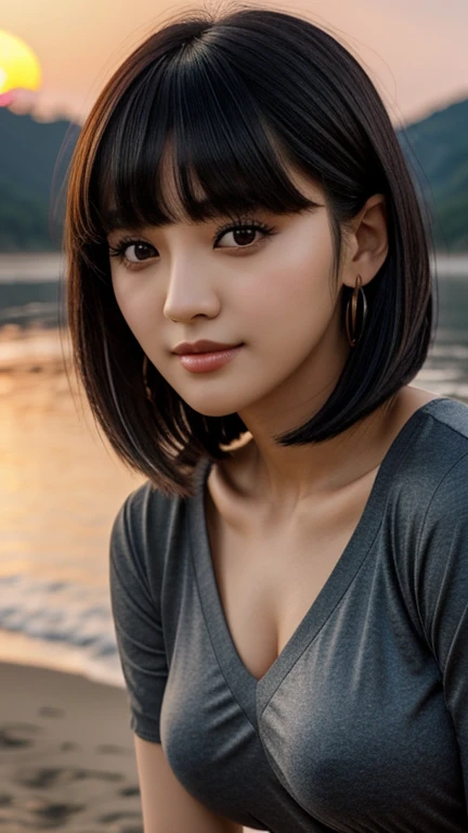 ,uma de uma mulher ela tem cabelo preto with bangs, Hime black haircut, ulzzang, korean, with short hair with bangs, with short hair, dilraba dilmurat, garota gótica korean cruel, white hime cut hairstyle, hair styled like bangs, with bangs, korean symmetrical face, sunset, lindo sunset, Clouded, forst, nature walk,sweet smile, affectionate v-neck, showing her breasts,close no rosto