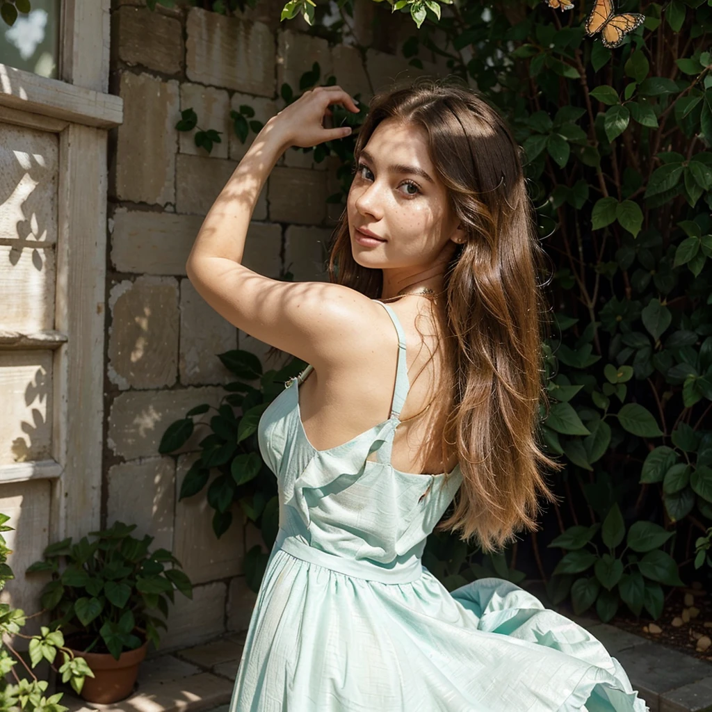 Create a very realistic and beautiful model with the following detailed features: Gender: Female, Age: Young adult (approximately 20-25 years old), Hair: Long, wavy and reddish with a natural shine, gently cascading around the shoulders and back back. . . . . . . . . . . . . . . . . , Eyes: Bright green with a captivating, slightly almond-shaped look, detailed with natural highlights, Skin: Fair complexion with a light texture, including natural freckles on the nose and cheeks, giving a youthful and vibrant appearance: Fair complexion with a light texture, including natural freckles on the nose and cheeks, giving a youthful and lively appearance, Face: with a smooth and natural contour, soft and full lips with a slight pinkish tint and a slightly delicate upturned nose, Expression : a gentle face, with a touch of mischief, which conveys warmth and approachability, Clothing: wear a flowing dress in pastel colors, wear a flowing dress in pastel colors, wear a flowing dress in pastel colors, a flowing outfit in pastel colors, wear a flowy dress in pastel colors, a simple a flowy dress in pastel colors, an outfit a flowy dress in pastel colors silky, a flowy dress in pastel colors fashionable, a girl wearing a flowy dress in pastel colors, wearing a flowing dress in pastel colors, a girl wearing a flowing dress in pastel colors, a flowing dress in pastel colors isse, wears an elegant outfit, haute couture chic, All pastel, She is surrounded by different types of butterflies, some gently posing on her hands and shoulders, Background: The scene is set in a lush garden, on a sunny day, she is surrounded by different types of butterflies, some gently landing on her hands and shoulders, the background is filled with blooming flowers and green foliage, creating a serene and magical atmosphere. The lighting is soft and natural, enhancing the overall beauty and tranquility of the scene. Pose: She is surrounded by different types of butterflies, some gently landing on her hands