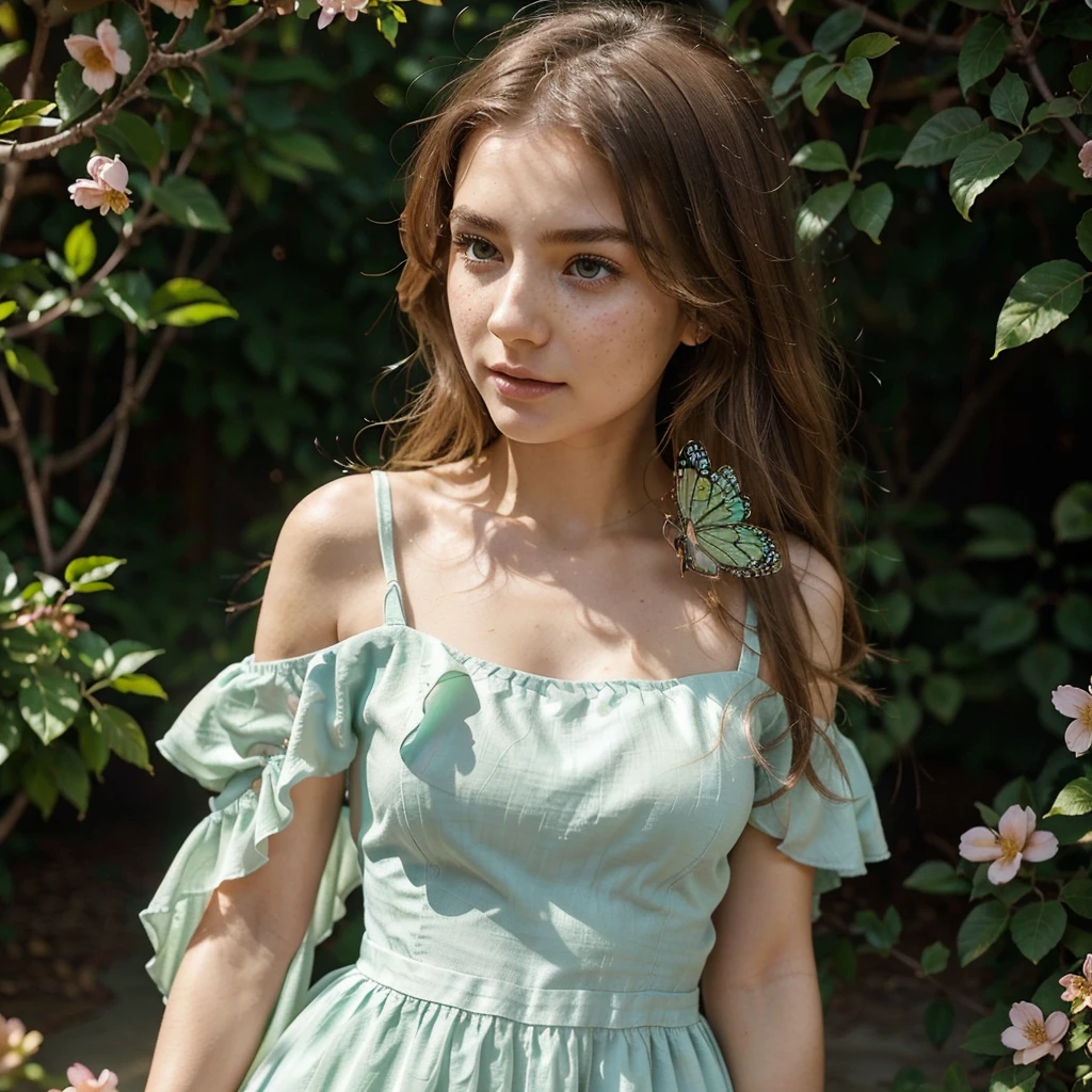 Create a very realistic and beautiful model with the following detailed features: Gender: Female, Age: Young adult (approximately 20-25 years old), Hair: Long, wavy and reddish with a natural shine, gently cascading around the shoulders and back back. . . . . . . . . . . . . . . . . , Eyes: Bright green with a captivating, slightly almond-shaped look, detailed with natural highlights, Skin: Fair complexion with a light texture, including natural freckles on the nose and cheeks, giving a youthful and vibrant appearance: Fair complexion with a light texture, including natural freckles on the nose and cheeks, giving a youthful and lively appearance, Face: with a smooth and natural contour, soft and full lips with a slight pinkish tint and a slightly delicate upturned nose, Expression : a gentle face, with a touch of mischief, which conveys warmth and approachability, Clothing: wear a flowing dress in pastel colors, wear a flowing dress in pastel colors, wear a flowing dress in pastel colors, a flowing outfit in pastel colors, wear a flowy dress in pastel colors, a simple a flowy dress in pastel colors, an outfit a flowy dress in pastel colors silky, a flowy dress in pastel colors fashionable, a girl wearing a flowy dress in pastel colors, wearing a flowing dress in pastel colors, a girl wearing a flowing dress in pastel colors, a flowing dress in pastel colors isse, wears an elegant outfit, haute couture chic, All pastel, She is surrounded by different types of butterflies, some gently posing on her hands and shoulders, Background: The scene is set in a lush garden, on a sunny day, she is surrounded by different types of butterflies, some gently landing on her hands and shoulders, the background is filled with blooming flowers and green foliage, creating a serene and magical atmosphere. The lighting is soft and natural, enhancing the overall beauty and tranquility of the scene. Pose: She is surrounded by different types of butterflies, some gently landing on her hands 