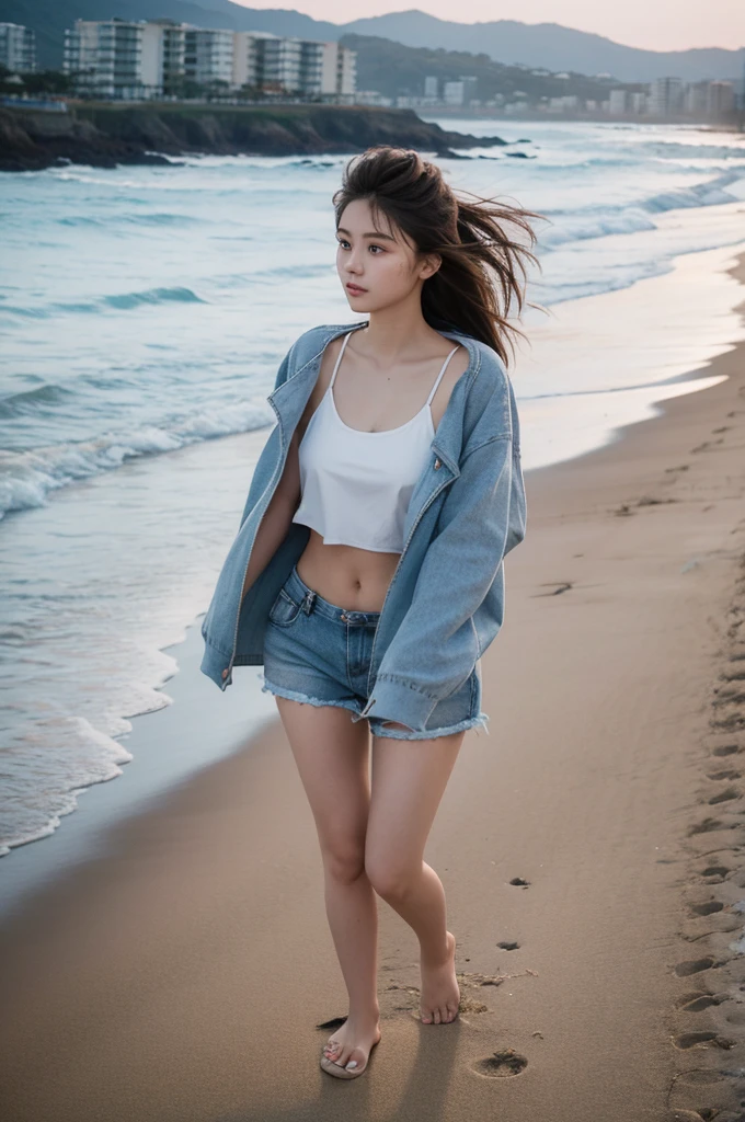 18 year old girl,Wearing a tight short,braless,wearing an open jacket to cover nipples, walking at the beach, view from above ,Full Body picture Standing, small chast and butt, naked upper body, walking with viewer