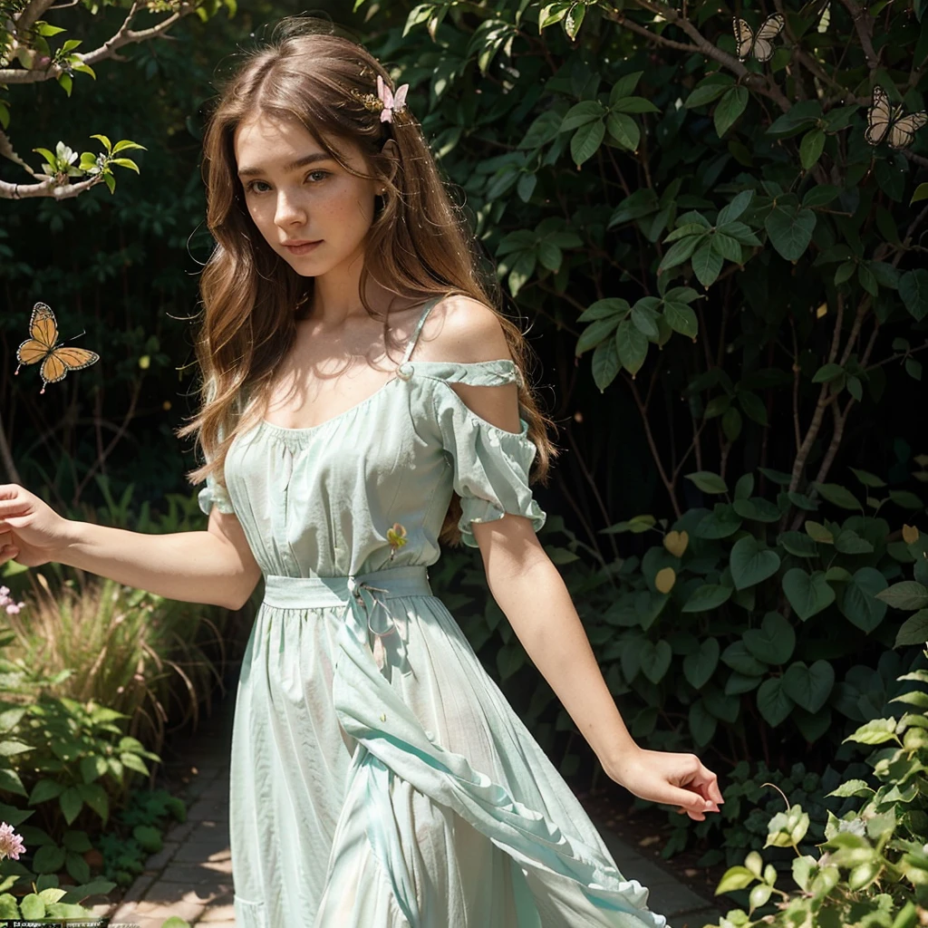 Create a very realistic and beautiful model with the following detailed features: Gender: Female, Age: Young adult (approximately 20-25 years old), Hair: Long, wavy and reddish with a natural shine, gently cascading around the shoulders and back back. . . . . . . . . . . . . . . . . , Eyes: Bright green with a captivating, slightly almond-shaped look, detailed with natural highlights, Skin: Fair complexion with a light texture, including natural freckles on the nose and cheeks, giving a youthful and vibrant appearance: Fair complexion with a light texture, including natural freckles on the nose and cheeks, giving a youthful and lively appearance, Face: with a smooth and natural contour, soft and full lips with a slight pinkish tint and a slightly delicate upturned nose, Expression : a gentle face, with a touch of mischief, which conveys warmth and approachability, Clothing: wear a flowing dress in pastel colors, wear a flowing dress in pastel colors, wear a flowing dress in pastel colors, a flowing outfit in pastel colors, wear a flowy dress in pastel colors, a simple a flowy dress in pastel colors, an outfit a flowy dress in pastel colors silky, a flowy dress in pastel colors fashionable, a girl wearing a flowy dress in pastel colors, wearing a flowing dress in pastel colors, a girl wearing a flowing dress in pastel colors, a flowing dress in pastel colors isse, wears an elegant outfit, haute couture chic, All pastel, She is surrounded by different types of butterflies, some gently posing on her hands and shoulders, Background: The scene is set in a lush garden, on a sunny day, she is surrounded by different types of butterflies, some gently landing on her hands and shoulders, the background is filled with blooming flowers and green foliage, creating a serene and magical atmosphere. The lighting is soft and natural, enhancing the overall beauty and tranquility of the scene. Pose: She is surrounded by different types of butterflies, some gently landing on her hands
