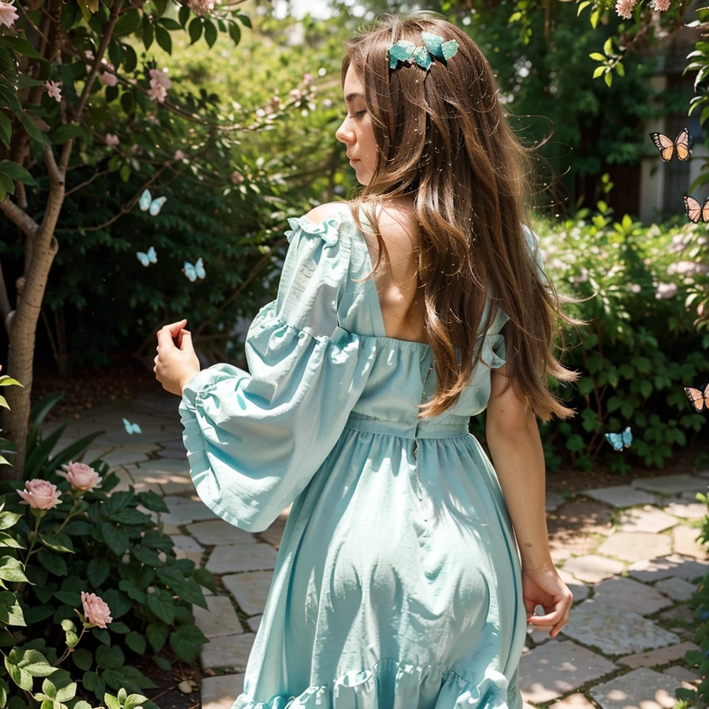 Create a very realistic and beautiful model with the following detailed features: Gender: Female, Age: Young adult (approximately 20-25 years old), Hair: Long, wavy and reddish with a natural shine, gently cascading around the shoulders and back back. . . . . . . . . . . . . . . . . , Eyes: Bright green with a captivating, slightly almond-shaped look, detailed with natural highlights, Skin: Fair complexion with a light texture, including natural freckles on the nose and cheeks, giving a youthful and vibrant appearance: Fair complexion with a light texture, including natural freckles on the nose and cheeks, giving a youthful and lively appearance, Face: with a smooth and natural contour, soft and full lips with a slight pinkish tint and a slightly delicate upturned nose, Expression : a gentle face, with a touch of mischief, which conveys warmth and approachability, Clothing: wear a flowing dress in pastel colors, wear a flowing dress in pastel colors, wear a flowing dress in pastel colors, a flowing outfit in pastel colors, wear a flowy dress in pastel colors, a simple a flowy dress in pastel colors, an outfit a flowy dress in pastel colors silky, a flowy dress in pastel colors fashionable, a girl wearing a flowy dress in pastel colors, wearing a flowing dress in pastel colors, a girl wearing a flowing dress in pastel colors, a flowing dress in pastel colors isse, wears an elegant outfit, haute couture chic, All pastel, She is surrounded by different types of butterflies, some gently posing on her hands and shoulders, Background: The scene is set in a lush garden, on a sunny day, she is surrounded by different types of butterflies, some gently landing on her hands and shoulders, the background is filled with blooming flowers and green foliage, creating a serene and magical atmosphere. The lighting is soft and natural, enhancing the overall beauty and tranquility of the scene. Pose: She is surrounded by different types of butterflies, some gently landing on her hands