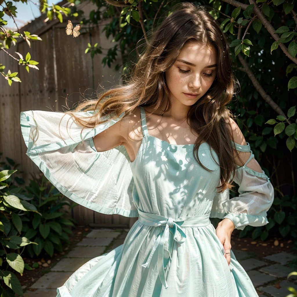 Create a very realistic and beautiful model with the following detailed features: Gender: Female, Age: Young adult (approximately 20-25 years old), Hair: Long, wavy and reddish with a natural shine, gently cascading around the shoulders and back back. . . . . . . . . . . . . . . . . , Eyes: Bright green with a captivating, slightly almond-shaped look, detailed with natural highlights, Skin: Fair complexion with a light texture, including natural freckles on the nose and cheeks, giving a youthful and vibrant appearance: Fair complexion with a light texture, including natural freckles on the nose and cheeks, giving a youthful and lively appearance, Face: with a smooth and natural contour, soft and full lips with a slight pinkish tint and a slightly delicate upturned nose, Expression : a gentle face, with a touch of mischief, which conveys warmth and approachability, Clothing: wear a flowing dress in pastel colors, wear a flowing dress in pastel colors, wear a flowing dress in pastel colors, a flowing outfit in pastel colors, wear a flowy dress in pastel colors, a simple a flowy dress in pastel colors, an outfit a flowy dress in pastel colors silky, a flowy dress in pastel colors fashionable, a girl wearing a flowy dress in pastel colors, wearing a flowing dress in pastel colors, a girl wearing a flowing dress in pastel colors, a flowing dress in pastel colors isse, wears an elegant outfit, haute couture chic, All pastel, She is surrounded by different types of butterflies, some gently posing on her hands and shoulders, Background: The scene is set in a lush garden, on a sunny day, she is surrounded by different types of butterflies, some gently landing on her hands and shoulders, the background is filled with blooming flowers and green foliage, creating a serene and magical atmosphere. The lighting is soft and natural, enhancing the overall beauty and tranquility of the scene. Pose: She is surrounded by different types of butterflies, some gently landing on her hands