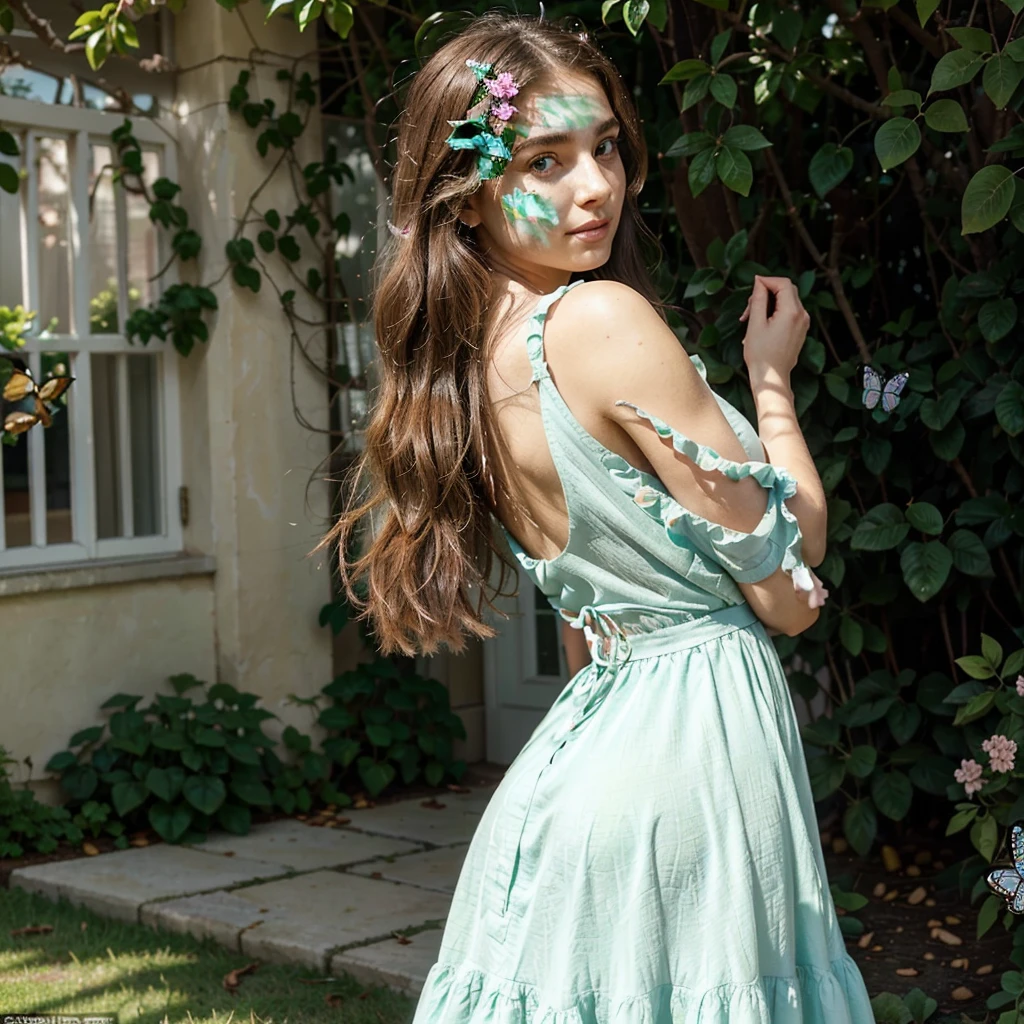 Create a very realistic and beautiful model with the following detailed features: Gender: Female, Age: Young adult (approximately 20-25 years old), Hair: Long, wavy and reddish with a natural shine, gently cascading around the shoulders and back back. . . . . . . . . . . . . . . . . , Eyes: Bright green with a captivating, slightly almond-shaped look, detailed with natural highlights, Skin: Fair complexion with a light texture, including natural freckles on the nose and cheeks, giving a youthful and vibrant appearance: Fair complexion with a light texture, including natural freckles on the nose and cheeks, giving a youthful and lively appearance, Face: with a smooth and natural contour, soft and full lips with a slight pinkish tint and a slightly delicate upturned nose, Expression : a gentle face, with a touch of mischief, which conveys warmth and approachability, Clothing: wear a flowing dress in pastel colors, wear a flowing dress in pastel colors, wear a flowing dress in pastel colors, a flowing outfit in pastel colors, wear a flowy dress in pastel colors, a simple a flowy dress in pastel colors, an outfit a flowy dress in pastel colors silky, a flowy dress in pastel colors fashionable, a girl wearing a flowy dress in pastel colors, wearing a flowing dress in pastel colors, a girl wearing a flowing dress in pastel colors, a flowing dress in pastel colors isse, wears an elegant outfit, haute couture chic, All pastel, She is surrounded by different types of butterflies, some gently posing on her hands and shoulders, Background: The scene is set in a lush garden, on a sunny day, she is surrounded by different types of butterflies, some gently landing on her hands and shoulders, the background is filled with blooming flowers and green foliage, creating a serene and magical atmosphere. The lighting is soft and natural, enhancing the overall beauty and tranquility of the scene. Pose: She is surrounded by different types of butterflies, some gently landing on her hands 