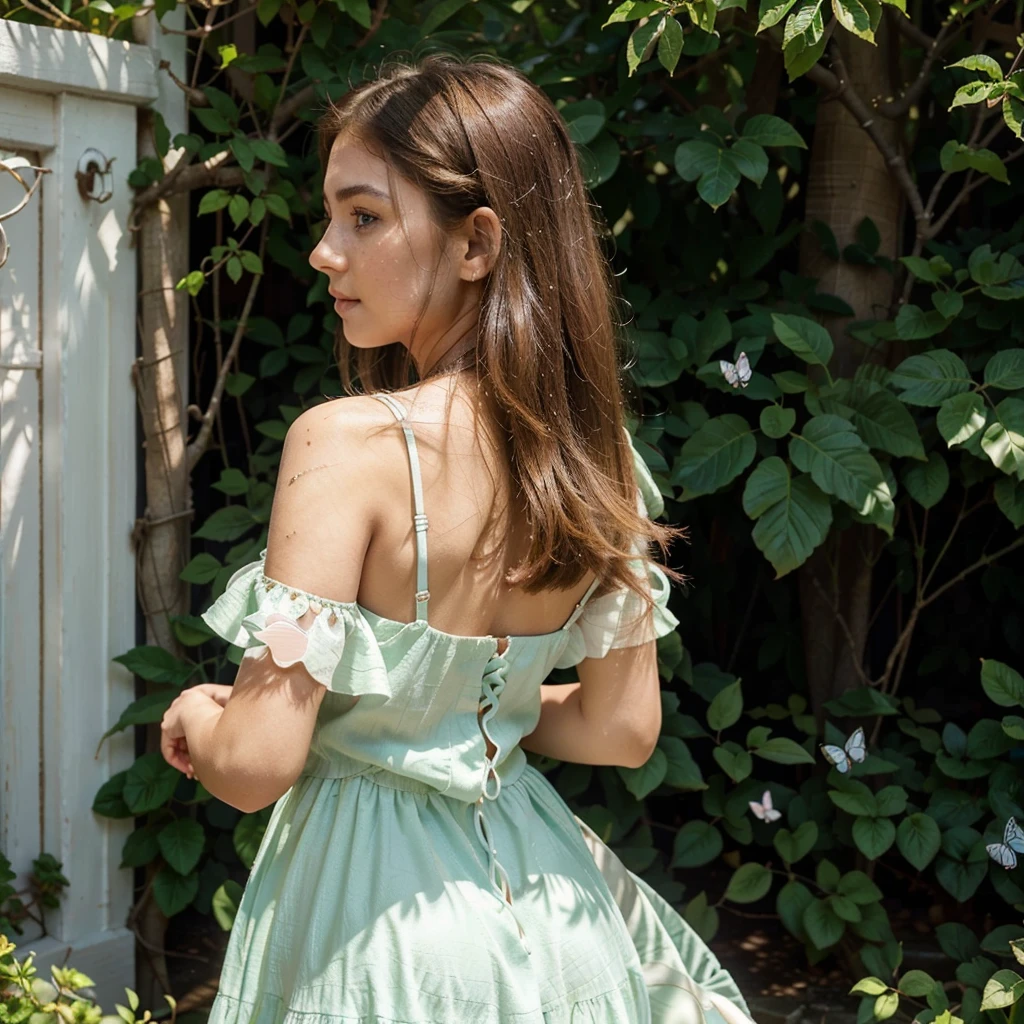 Create a very realistic and beautiful model with the following detailed features: Gender: Female, Age: Young adult (approximately 20-25 years old), Hair: Long, wavy and reddish with a natural shine, gently cascading around the shoulders and back back. . . . . . . . . . . . . . . . . , Eyes: Bright green with a captivating, slightly almond-shaped look, detailed with natural highlights, Skin: Fair complexion with a light texture, including natural freckles on the nose and cheeks, giving a youthful and vibrant appearance: Fair complexion with a light texture, including natural freckles on the nose and cheeks, giving a youthful and lively appearance, Face: with a smooth and natural contour, soft and full lips with a slight pinkish tint and a slightly delicate upturned nose, Expression : a gentle face, with a touch of mischief, which conveys warmth and approachability, Clothing: wear a flowing dress in pastel colors, wear a flowing dress in pastel colors, wear a flowing dress in pastel colors, a flowing outfit in pastel colors, wear a flowy dress in pastel colors, a simple a flowy dress in pastel colors, an outfit a flowy dress in pastel colors silky, a flowy dress in pastel colors fashionable, a girl wearing a flowy dress in pastel colors, wearing a flowing dress in pastel colors, a girl wearing a flowing dress in pastel colors, a flowing dress in pastel colors isse, wears an elegant outfit, haute couture chic, All pastel, She is surrounded by different types of butterflies, some gently posing on her hands and shoulders, Background: The scene is set in a lush garden, on a sunny day, she is surrounded by different types of butterflies, some gently landing on her hands and shoulders, the background is filled with blooming flowers and green foliage, creating a serene and magical atmosphere. The lighting is soft and natural, enhancing the overall beauty and tranquility of the scene. Pose: She is surrounded by different types of butterflies, some gently landing on her hands