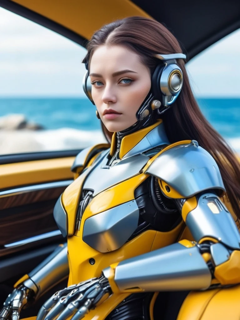 ral-opal, meahophontron, cyberpunk, (ALIEN FUTURISTIC WOMAN) robotic armor, WOMAN ROBOT FACE(yellow suit, gray, light blue brown) With futuristic armor, (along with a supercar) blue colors, negro, gray con soft tones, background image: (driving through the sea) soft tones