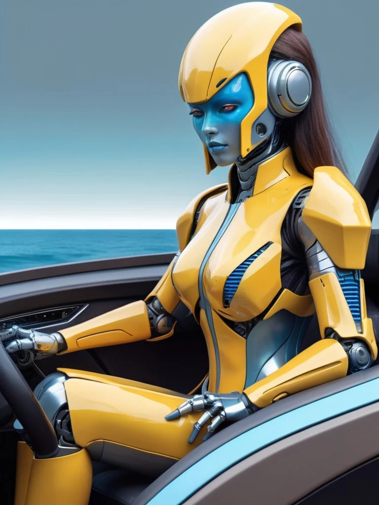 ral-opal, meahophontron, cyberpunk, (ALIEN FUTURISTIC WOMAN) robotic armor, WOMAN ROBOT FACE(yellow suit, gray, light blue brown) With futuristic armor, (along with a supercar) blue colors, negro, gray con soft tones, background image: (driving through the sea) soft tones