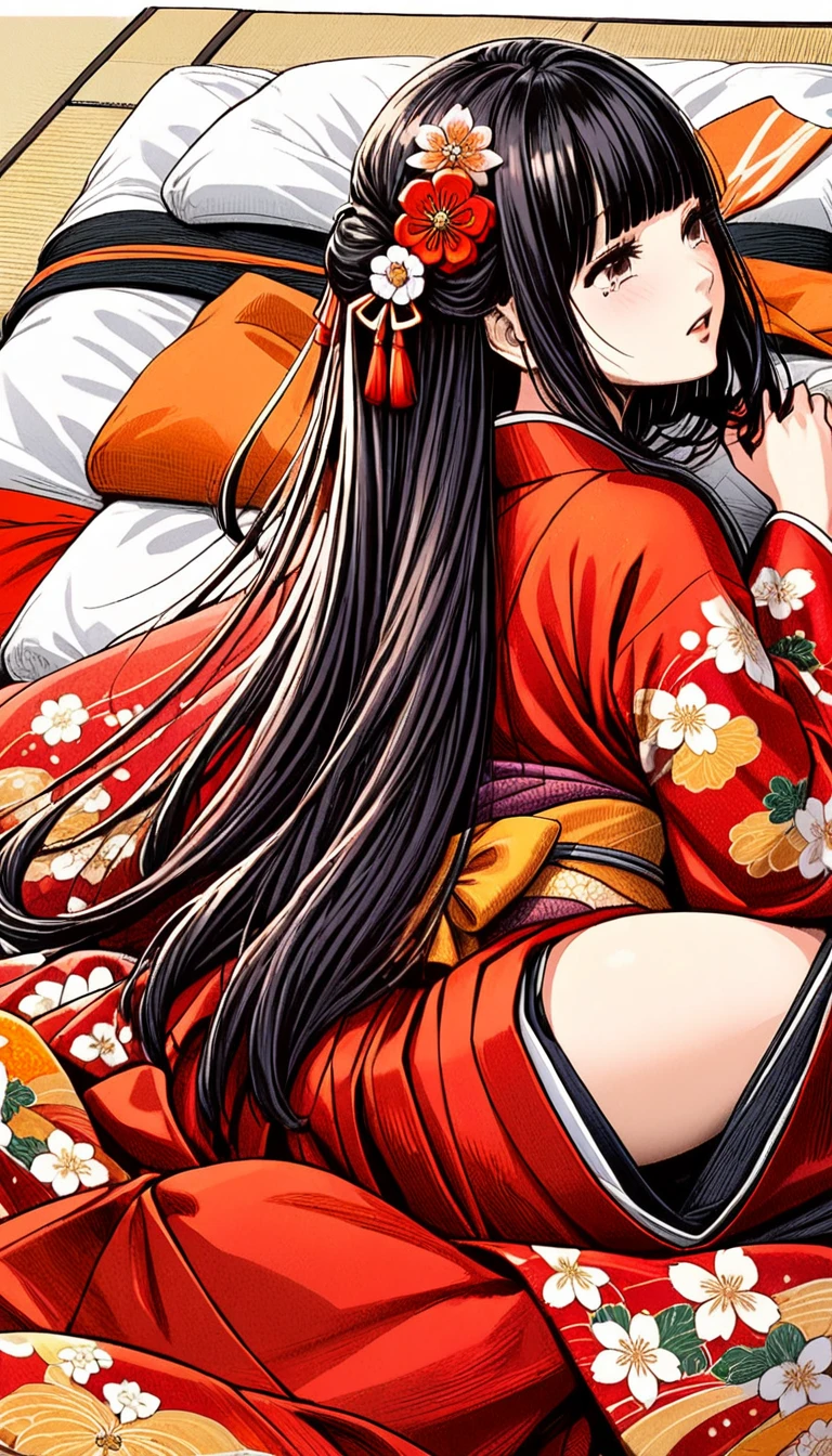 Close-up of a woman with black straight hime cut hair wearing a red and orange dress, Red kimono with flower patterns, From the Sengoku period, Long and beautiful kimono, Flowing hair and long, super shiny robes, Red kimono, Japanese Kimono, Wearing Imperial Kimono, Wearing kimono and armor, In kimono, Safety, kimono, Hakama kimono, Inspired by Fujiwara Takanobu, pale and colouRed kimono　She is laid down on the futon, exposing her nipples, writhing and crying.