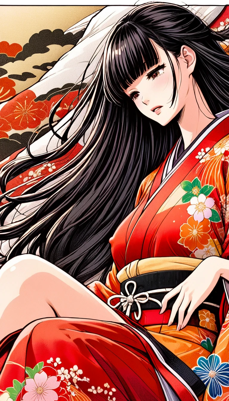 Close-up of a woman with black straight hime cut hair wearing a red and orange dress, Red kimono with flower patterns, From the Sengoku period, Long and beautiful kimono, Flowing hair and long, super shiny robes, Red kimono, Japanese Kimono, Wearing Imperial Kimono, Wearing kimono and armor, In kimono, Safety, kimono, Hakama kimono, Inspired by Fujiwara Takanobu, pale and colouRed kimono She is laid down on the futon, exposing her nipples, writhing and crying.