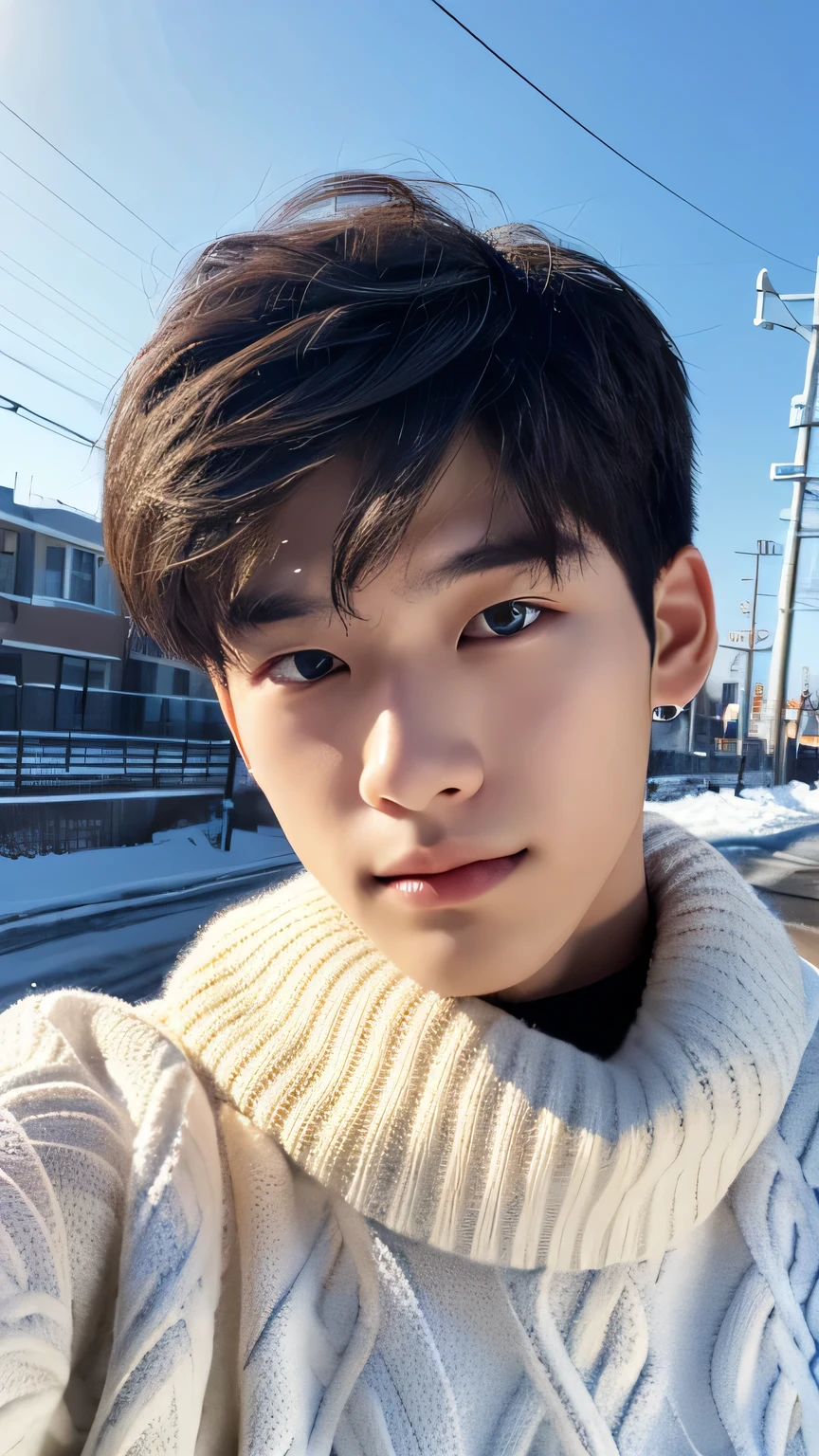 Highest quality, masterpiece, Ultra-high resolution, (Realistic: 1.4), Original photo, wallpaper, Head Photo, skin, Simple Background, Iris, detailed, Selfie, 1 boy, 18-year-old, good looking, Wind,snow、sweater