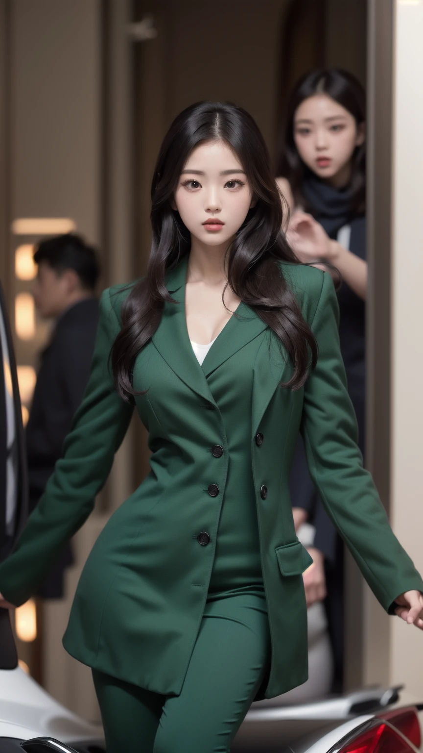 a close up of a woman in a green jacket and shorts, korean women's fashion model, gorgeous young korean woman, beautiful south korean woman, beautiful young korean woman, korean girl, bae suzy, photo of slim girl model, wearing military outfit, korean woman, iu lee ji-eun as a super villain, hwang se - on, heonhwa choe
