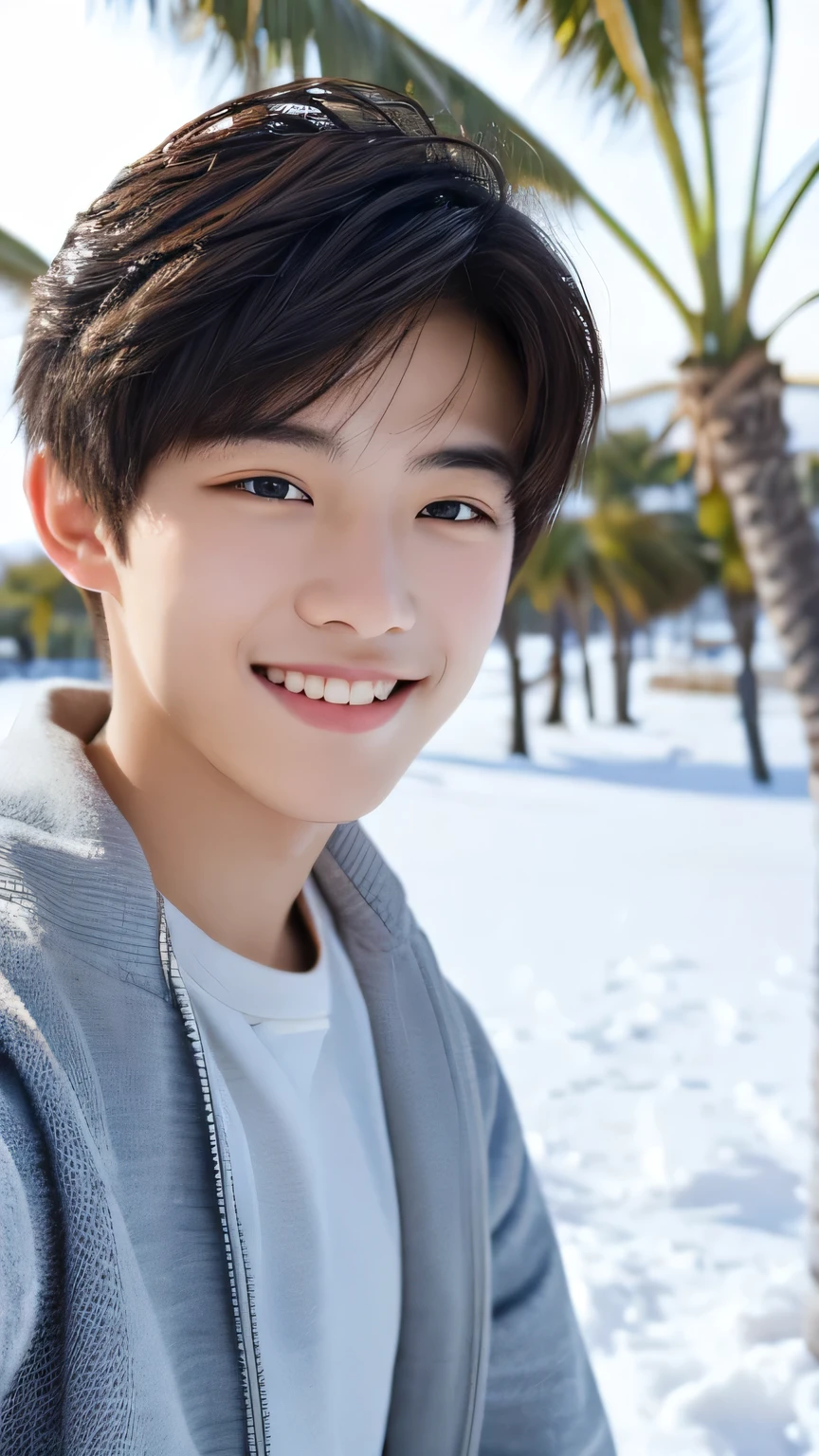 Highest quality, masterpiece, Ultra-high resolution, (Realistic: 1.4), Original photo, wallpaper, Head Photo, skin, Simple Background, Iris, detailed, Selfie, 1 boy, 18-year-old, good looking, Wind,Palm tree,smile、snow