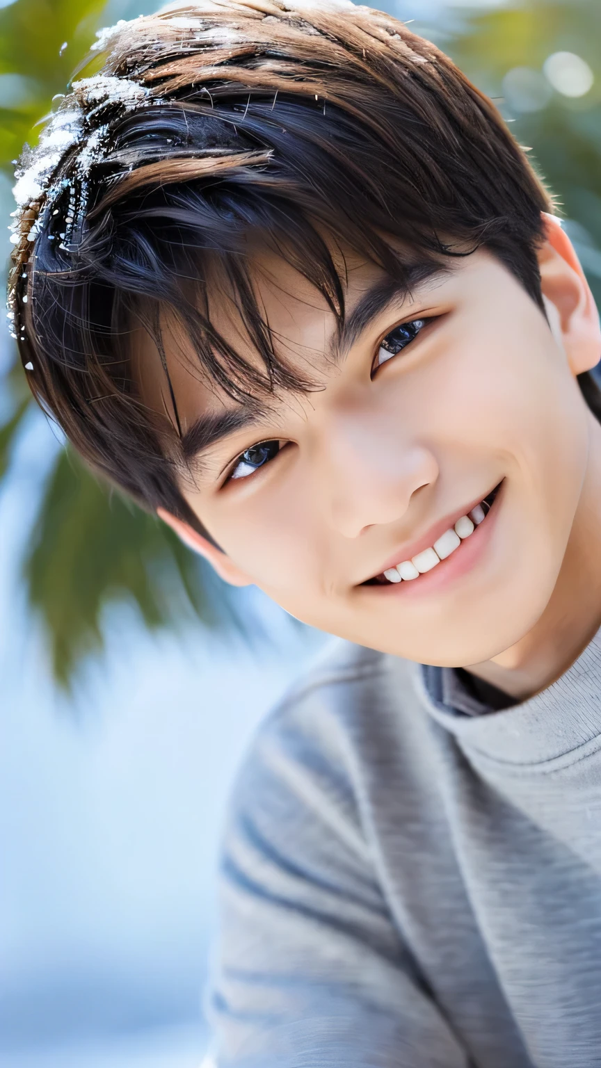 Highest quality, masterpiece, Ultra-high resolution, (Realistic: 1.4), Original photo, wallpaper, Head Photo, skin, Simple Background, Iris, detailed, Selfie, 1 boy, 18-year-old, good looking, Wind,Palm tree,smile、snow