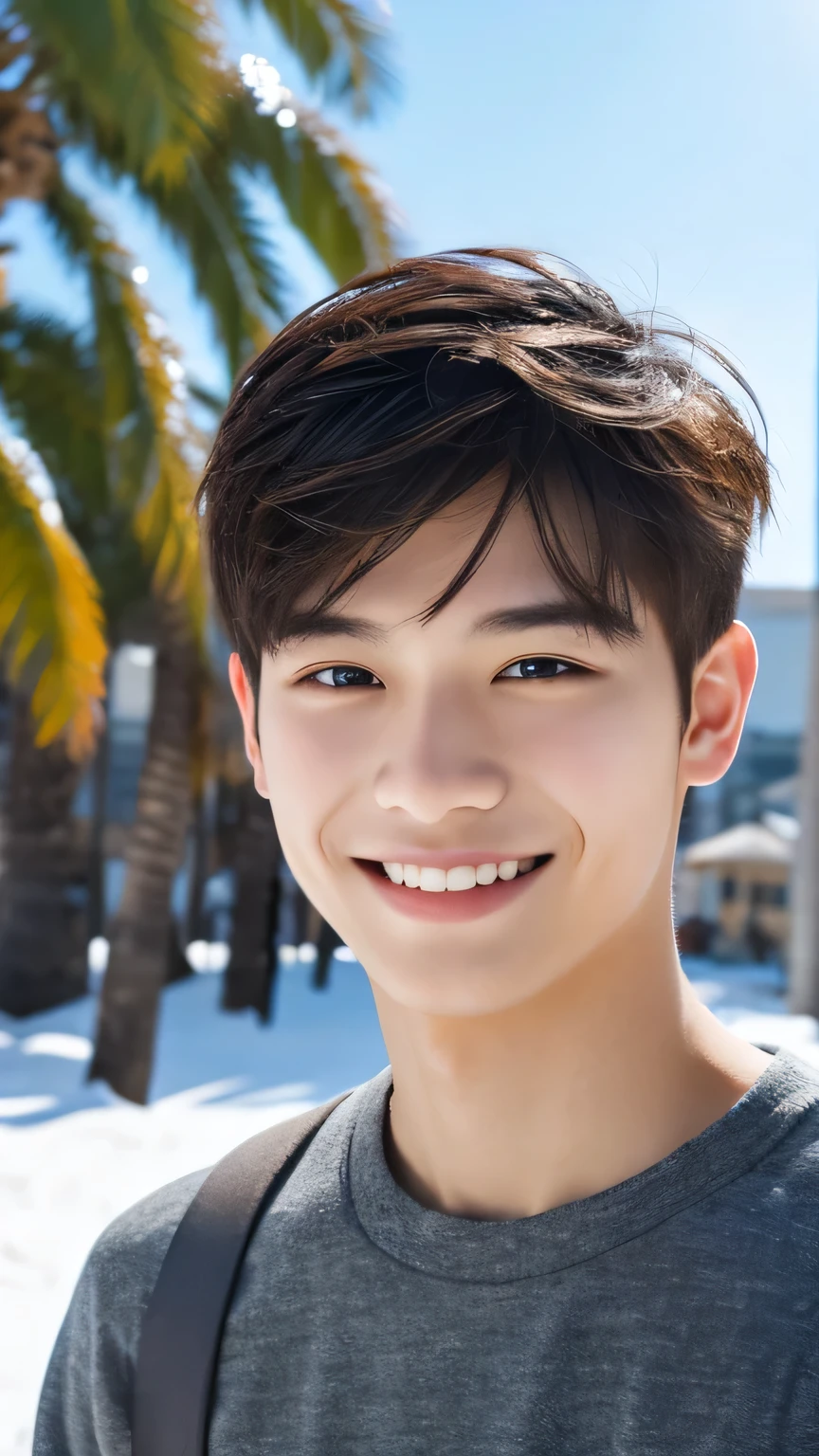 Highest quality, masterpiece, Ultra-high resolution, (Realistic: 1.4), Original photo, wallpaper, Head Photo, skin, Simple Background, Iris, detailed, Selfie, 1 boy, 18-year-old, good looking, Wind,Palm tree,smile、snow