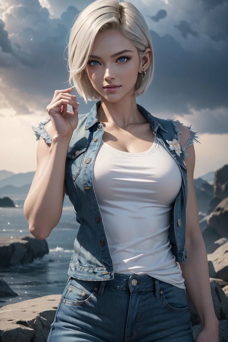 The best one,Dragon Ball Z,Number 18,Beautiful white blonde short cuts,One Length,Beautiful blue eyes,Silver Ring Earrings,Blue denim,pants,Blue sleeveless jean jacket,White T-shirt,Photorealistic,Ultra HD,high quality,masterpiece,Digital SLR,Detailed details,Intricate details,Anatomical basis,Depicted in detail,A detailed face,Realistic skin texture,Vivid details,Perfect Anatomy,Perfect Anatomy,Anatomically correct hand,Anatomically correct fingers,Super Detail,Complex 3D rendering,Sexy pose,Beautiful morning glory(flower),Rainy Sky,Beautiful scenery,Fantastic rainy sky,Picturesque,Pink Lips,smile,Fantastic butterflies々,Fighting Pose,