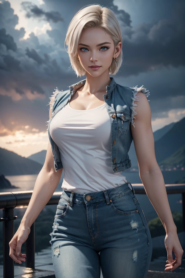 The best one,Dragon Ball Z,Number 18,Beautiful white blonde short cuts,One Length,Beautiful blue eyes,Silver Ring Earrings,Blue denim,pants,Blue sleeveless jean jacket,White T-shirt,Photorealistic,Ultra HD,high quality,masterpiece,Digital SLR,Detailed details,Intricate details,Anatomical basis,Depicted in detail,A detailed face,Realistic skin texture,Vivid details,Perfect Anatomy,Perfect Anatomy,Anatomically correct hand,Anatomically correct fingers,Super Detail,Complex 3D rendering,Sexy pose,Beautiful morning glory(flower),Rainy Sky,Beautiful scenery,Fantastic rainy sky,Picturesque,Pink Lips,smile,Fantastic butterflies々,Fighting Pose,