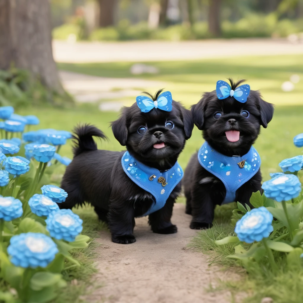 2 adorable small shih black shih tzu puppies wearing blue collars with bright blue eyes playing in park butterflies and flowes in background 3D Pixar style