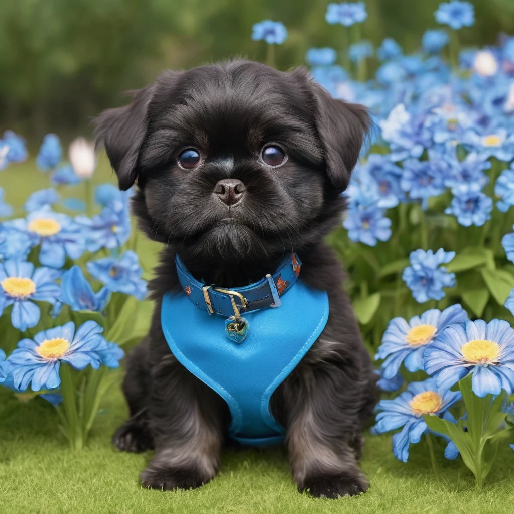 2 adorable small shih black shih tzu puppies wearing blue collars with bright blue eyes playing in park butterflies and flowes in background  3D Pixar style