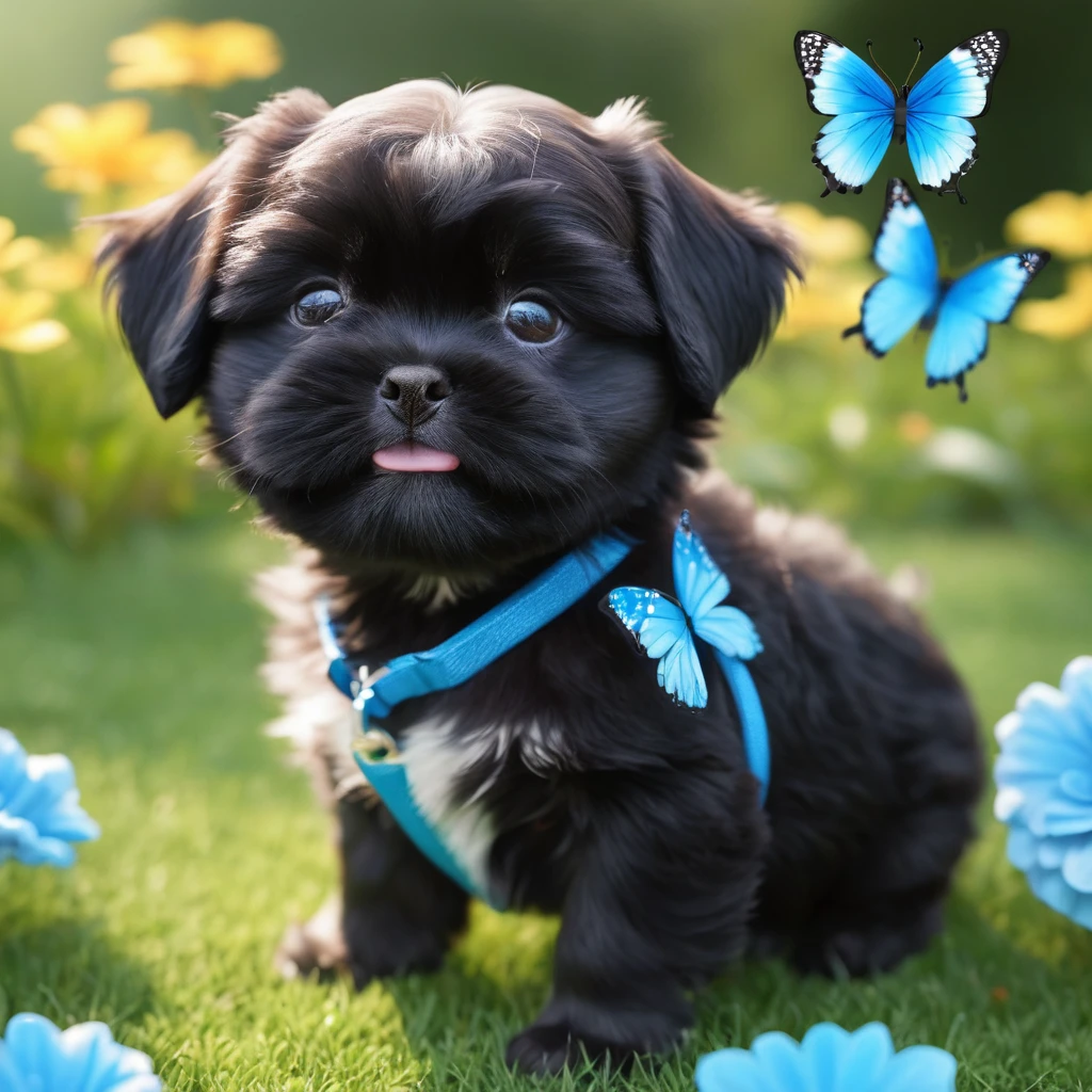 2 adorable small shih black shih tzu puppies wearing blue collars with bright blue eyes playing in park butterflies and flowes in background  3D Pixar style